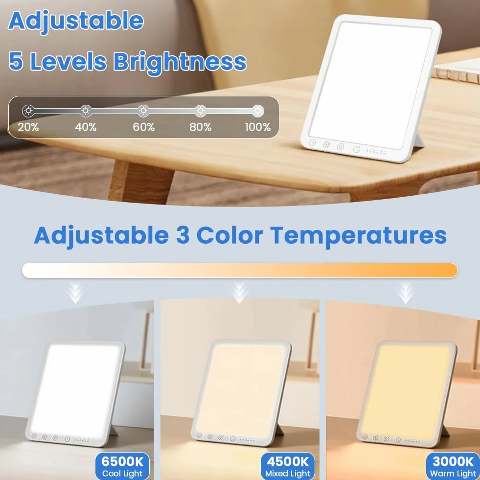Tageslichtlampe 15000 Lux, Simulation von Tageslicht, flimmer- und UV-freie LED-Technologie, Tageslichtleuchte mit verstellbarer Halterung und Dimmer für Zuhause/Büro