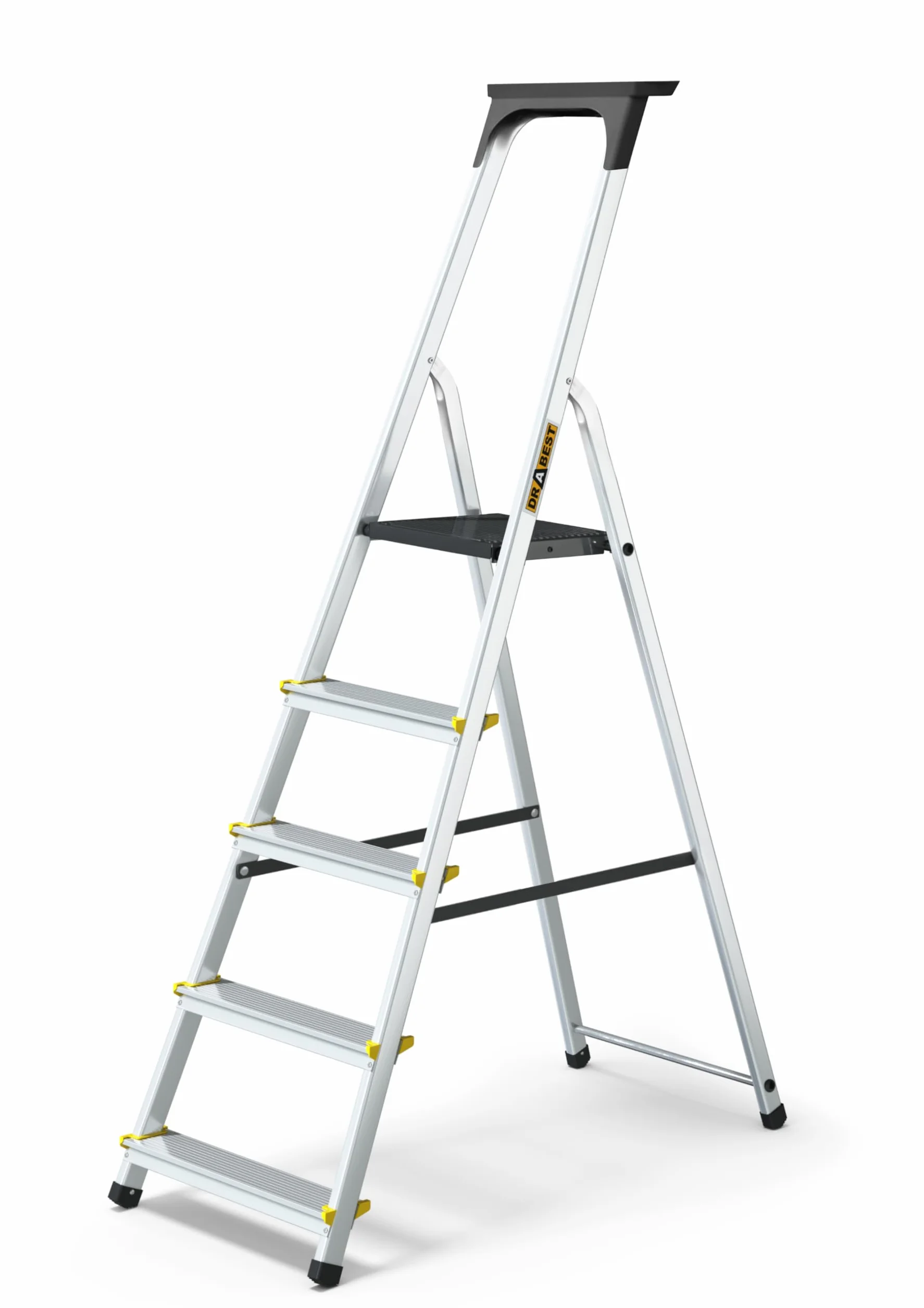 Drabest SERIA PRO Drabina Aluminiowa 5-Stopniowa Drabina Domowa 150 KG - Drabina Aluminiowa Z Antypoślizgowymi Stopkami I Platformą Drabiny Roboczej - Drabiny Wielofunkcyjne - 45 X 168 X 12 Cm