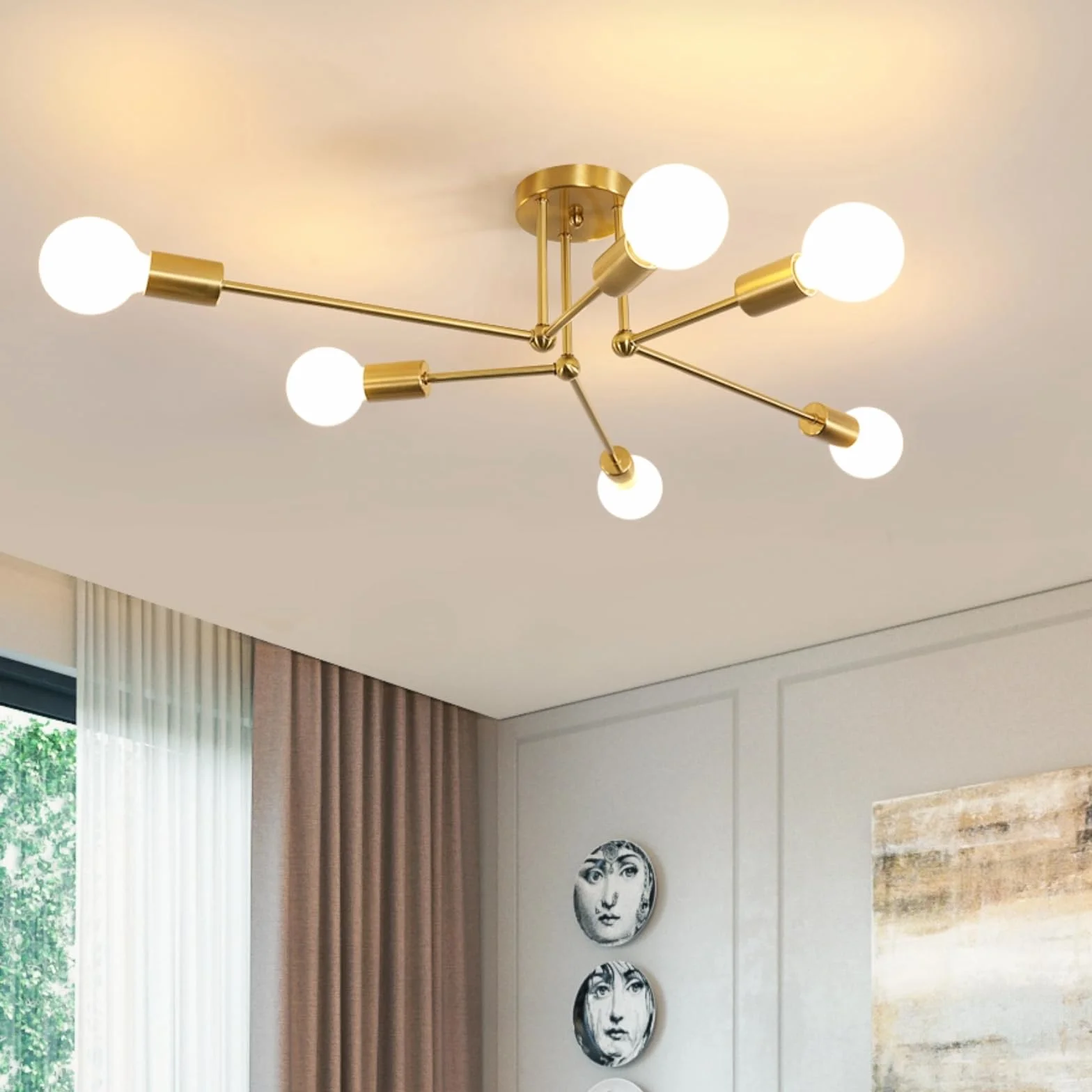 Comely Komfortowa lampa Sputnik Nowoczesny 6 świateł E27 Złota przemysłowa lampa sufitowa Vintage Sufit Plafon z podstawą E27 do salonu, sypialni, jadalni, średnicy 70cm (bez żarówki)