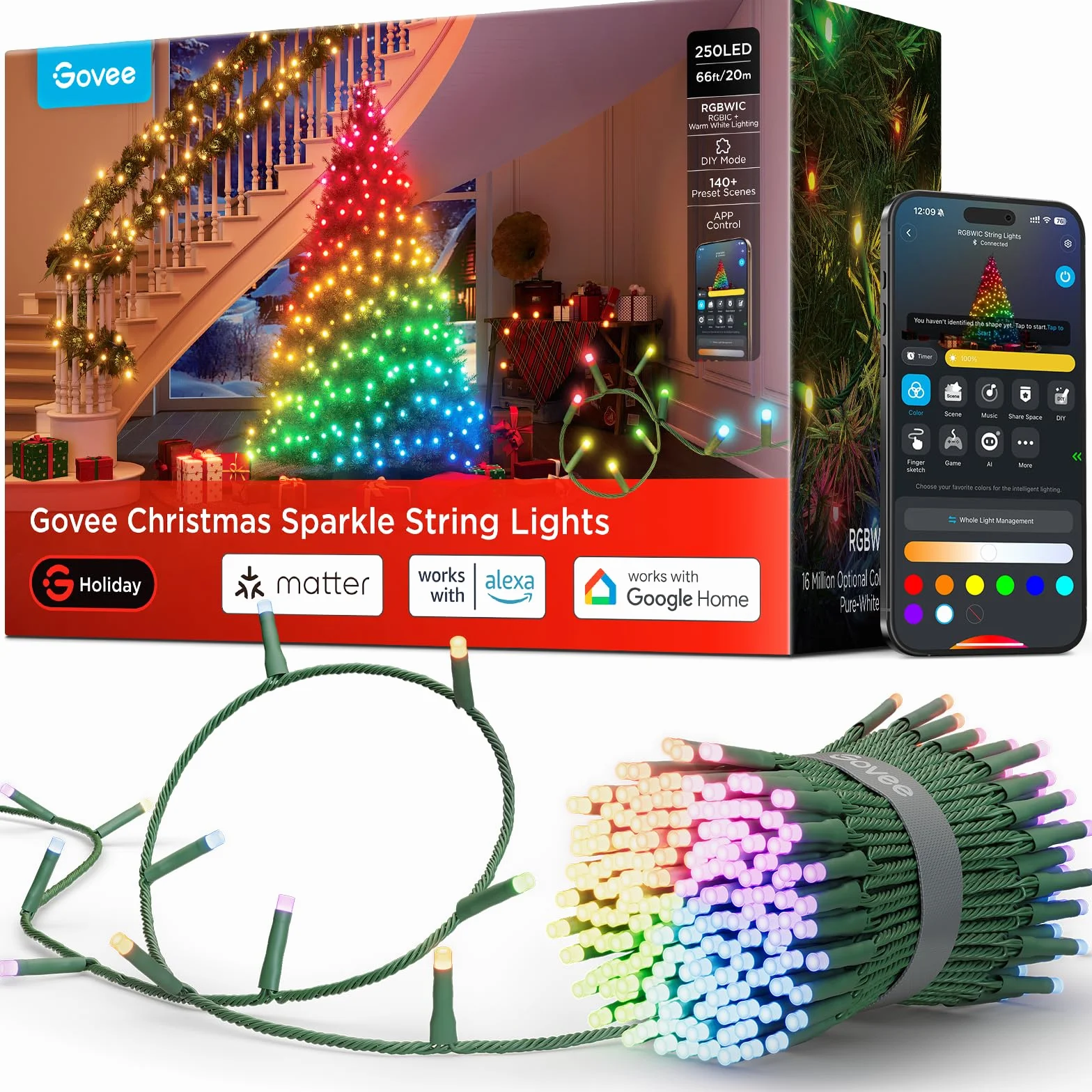 Govee Christmas Sparkle łańcuch świetlny, świąteczny łańcuch świetlny do wnętrz, 20M światła RGBWIC z 250 diodami LED, 140+ dynamicznych trybów sceny do dekoracji bożonarodzeniowych, sterowanie