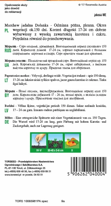 Dolanka nasiona marchwi Daucus carota – późno dojrzałe, wysoka zawartość karotenu, korzenie 17-24 cm, idealne do przechowywania i świeżego użytku, wysiew wiosną (5 g)
