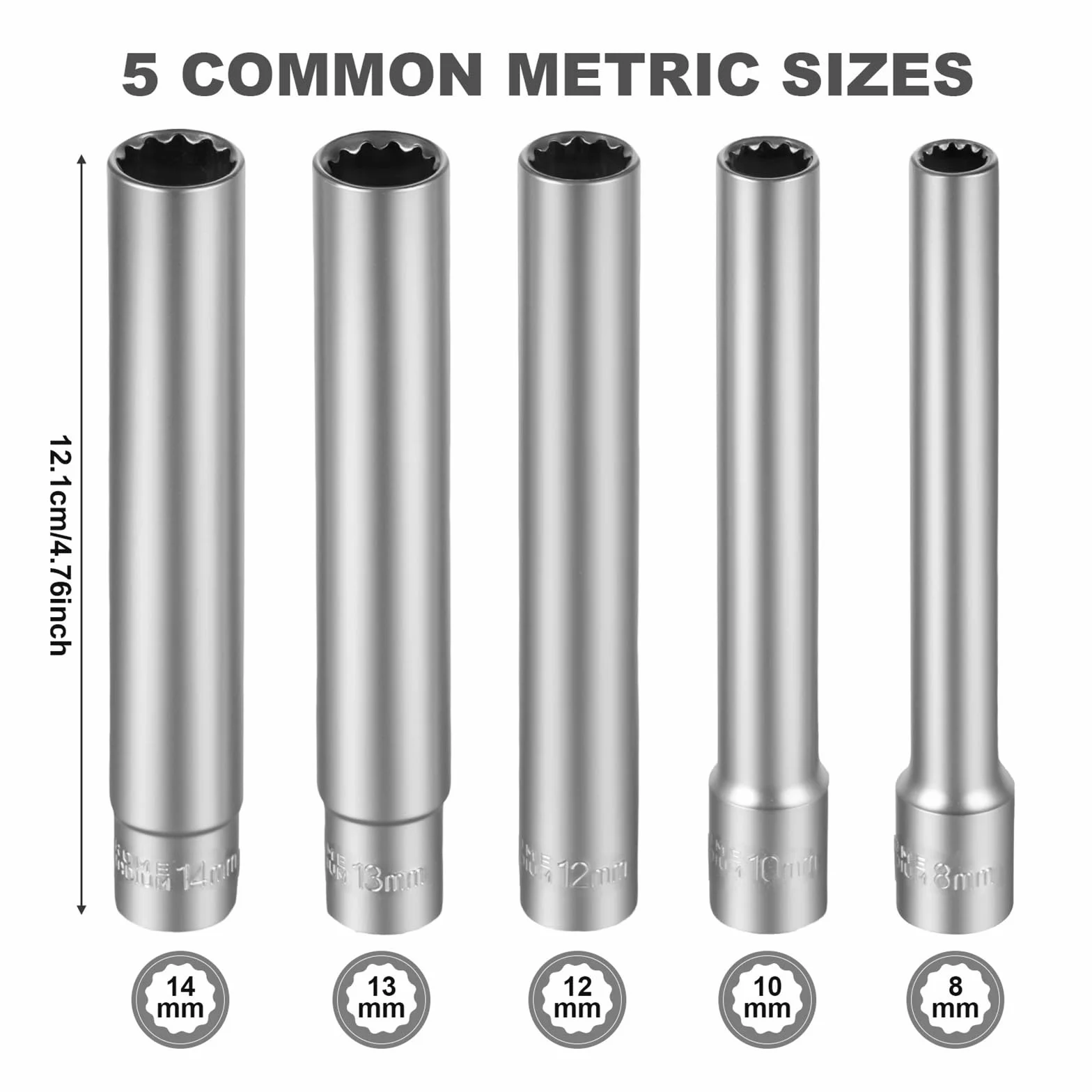 Zestaw nasadek udarowych 3/20.3 cm, głęboka nakrętka CRV z adapterem bitowym z grzechotką do klucza dynamometrycznego - 6-punktowe gniazda metryczne (5 szt. 12 punktów)