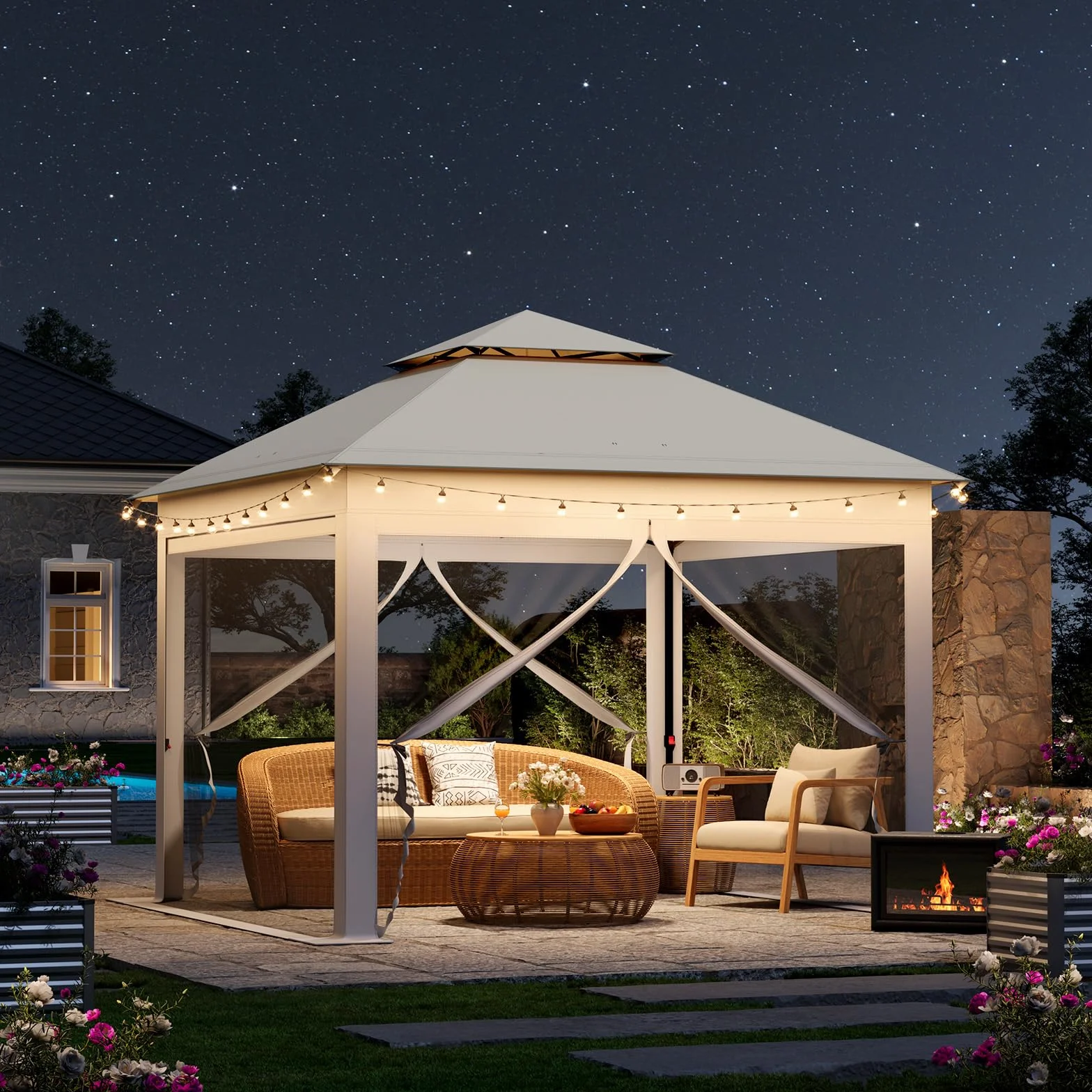 WOLTU Pawilon ogrodowy na zewnątrz, pergola 3 x 3 m, składany pawilon z wyjmowaną moskitierą, podwójny wodoodporny dach, torba do przenoszenia, odporny na promieniowanie UV, beżowy