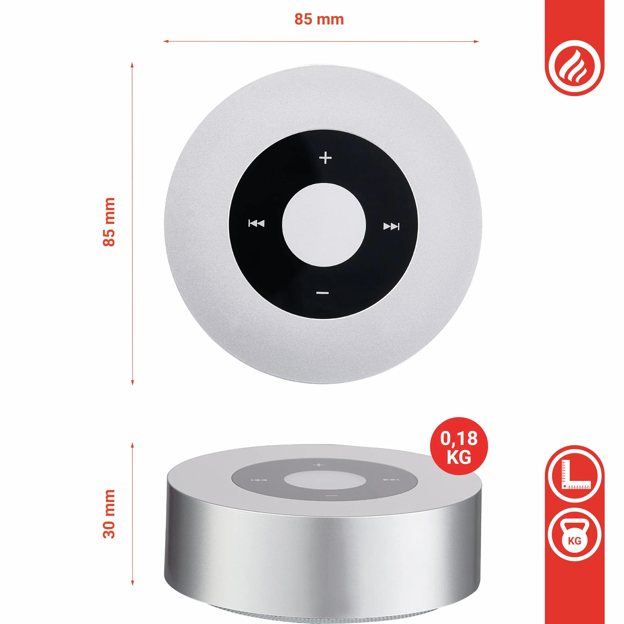 KAMINIO Głośnik z efektem trzaskania MORITZ - Mocny głośnik z dźwiękami ognia kominkowego, Bluetooth, AUX, mikrofonem, akumulatorem - Srebrny