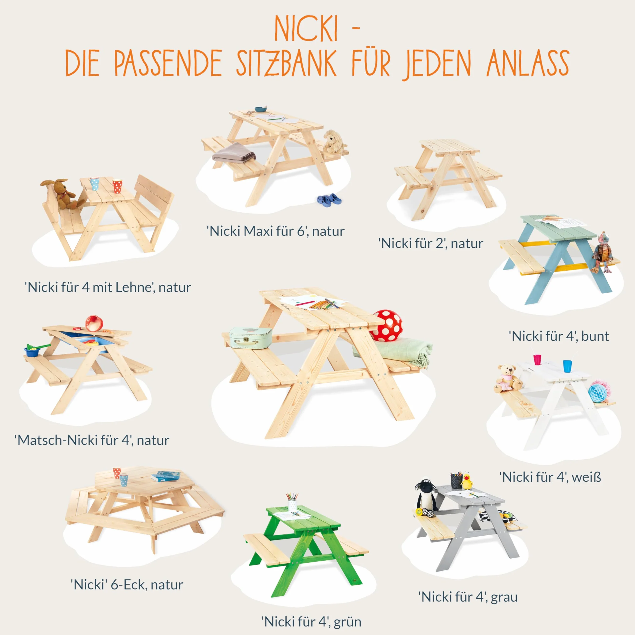 Dreieckiger Kinder-Picknicktisch Nicki für 4 mit Lehne, natur