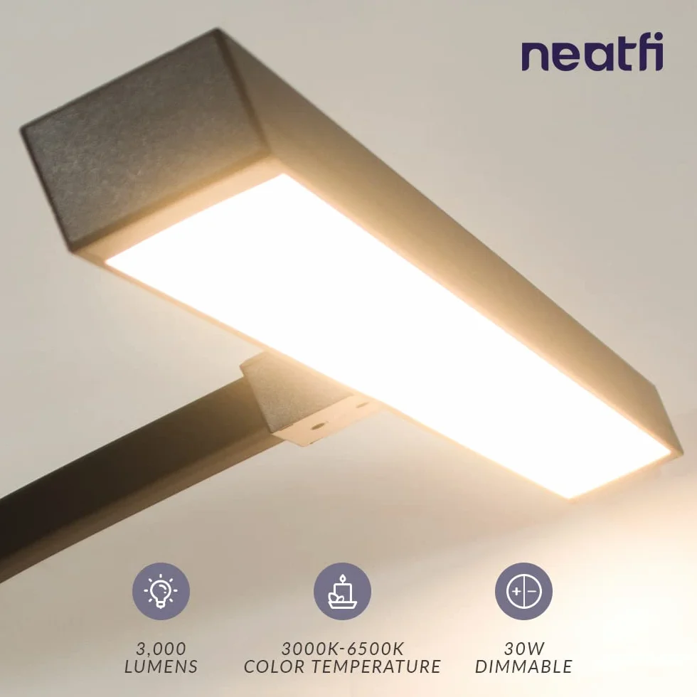 (Nowy model) Neatfi Lampa biurkowa LED, 3000 lumenów, ściemniana, z zaciskiem, 30 W, 5 poziomów jasności i 5 trybów światła, Lampka na biurko do domu, biura, gabinetu (71 CM Czarny)