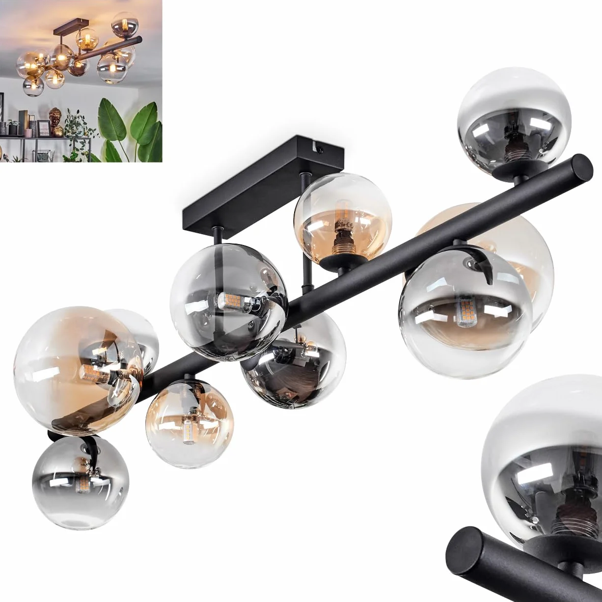 Lampa sufitowa Chehalis, lampa sufitowa z metalu/szkła w kolorze czarnym/bursztynowym/dymnym/przezroczysta, lampa w nowoczesnym stylu retro/vintage z abażurami ze szkła (Ø 10, 12, 15 cm), 10 x G9, bez
