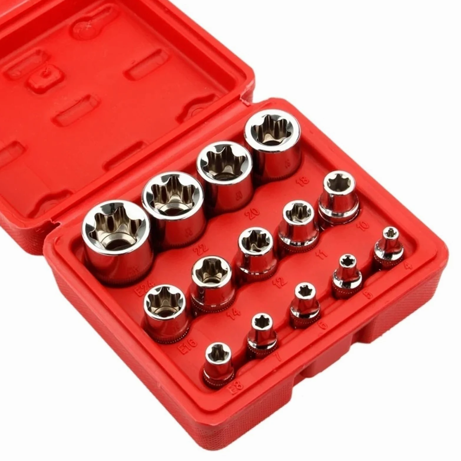 14 Szt. E-Torx Star Żeński Zestaw Gniazd Bitowych 1/2 "3/8" 1/4" Napęd E4 - E24 Narzędzie Do Naprawy Zestaw Narzędzi Ręcznych