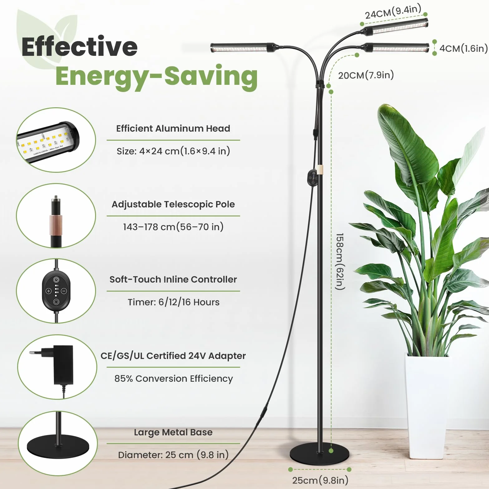 Duża lampa do roślin 24V do uprawy w pomieszczeniach, pełne spektrum z wzmocnionym 660 nm, LED LM281B+, timer i ściemnianie, wysokość 56–178 cm, podstawa 25 cm, 28W, 560 µmol/m²/s @15 cm