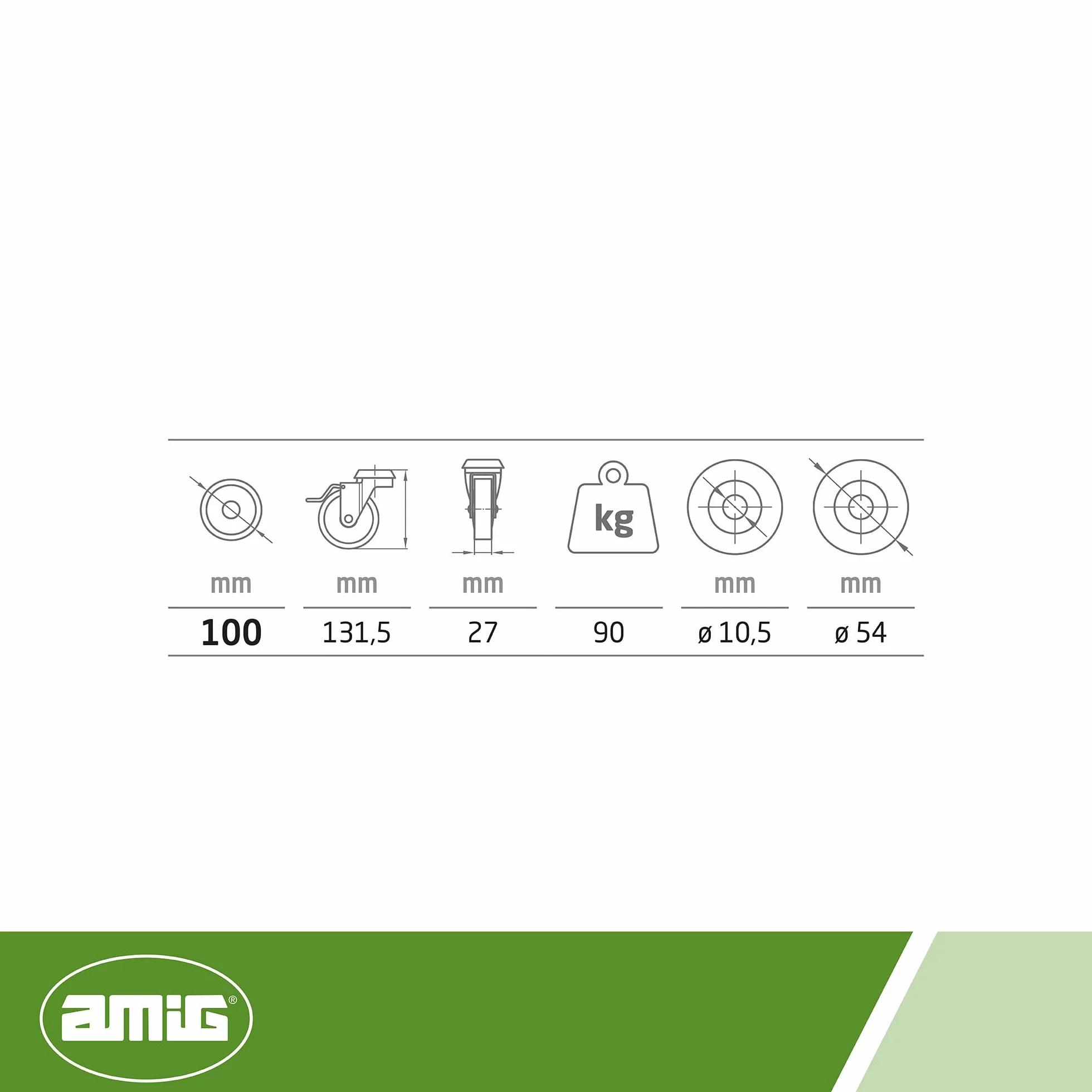 Amig - Zestaw 4 kół z hamulcem | Ø 100 x 27 mm | obrotowe koła z płytą ze stali nierdzewnej i otworem | maksymalne obciążenie 90 kg | do przenoszenia ciężkich mebli | rdzeń z polipropylenu | czarna