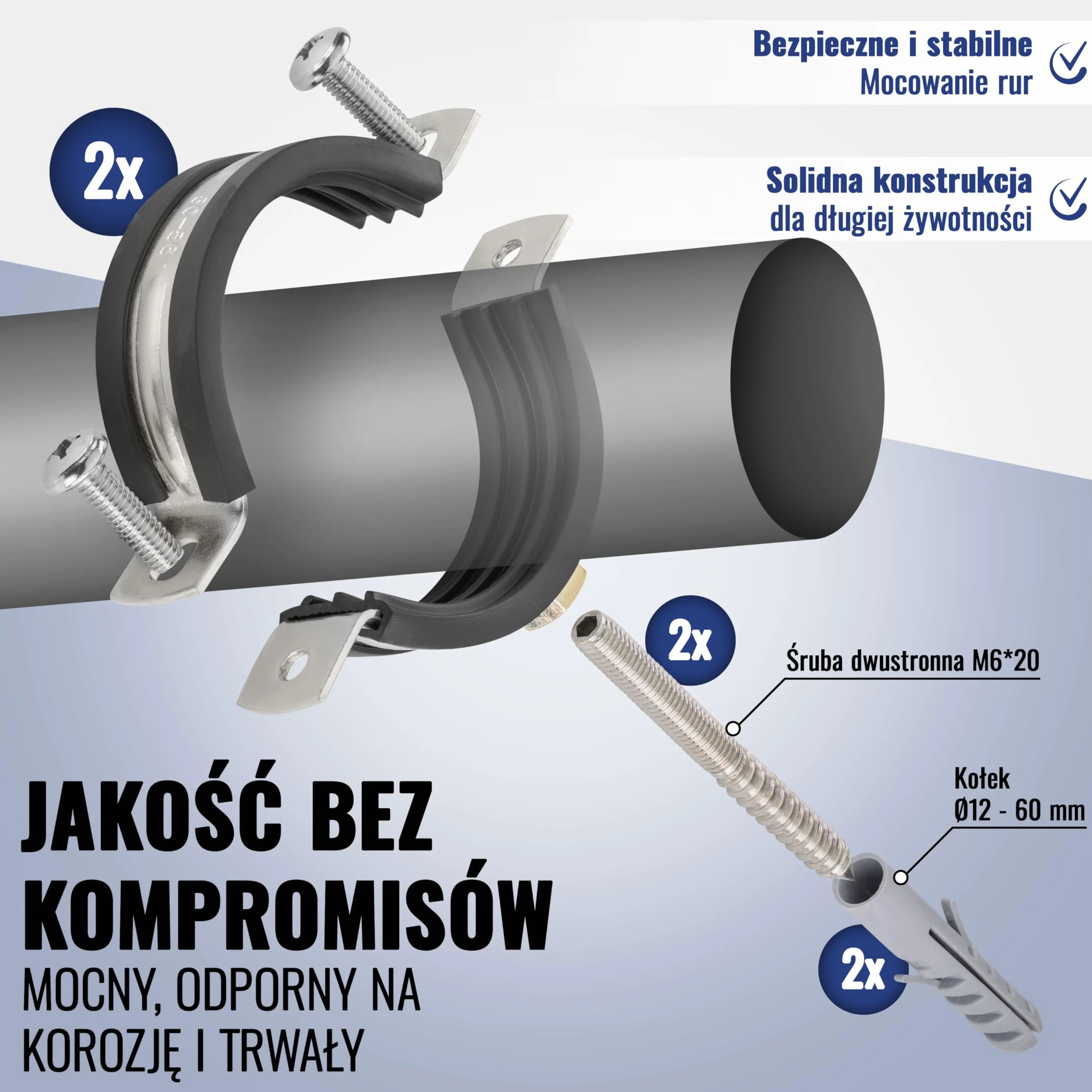 Poppstar 2 zaciski śrubowe ze stali szlachetnej W4 do rur (zakres zacisku 20-25 mm, 1/2", śruba M8*82), ze śrubami i kołkami rozporowymi