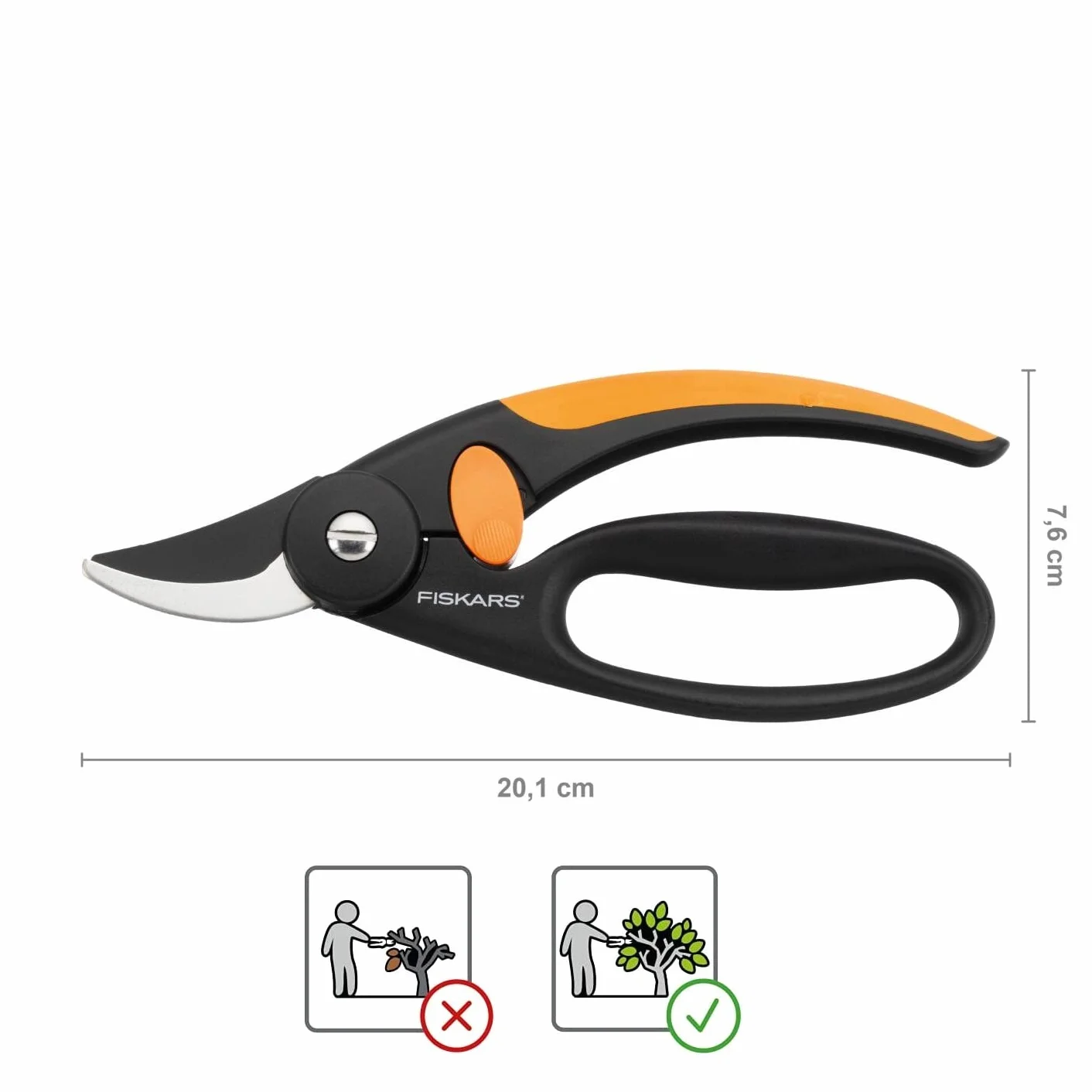Fiskars Sekator nożycowy Fiskars do świeżych gałęzi, Nieprzywierająca powłoka, Stalowe ostrza wysokiej jakości, Długość: 20 cm, Czarno-pomarańczowy, Elegance, P44, 1001534