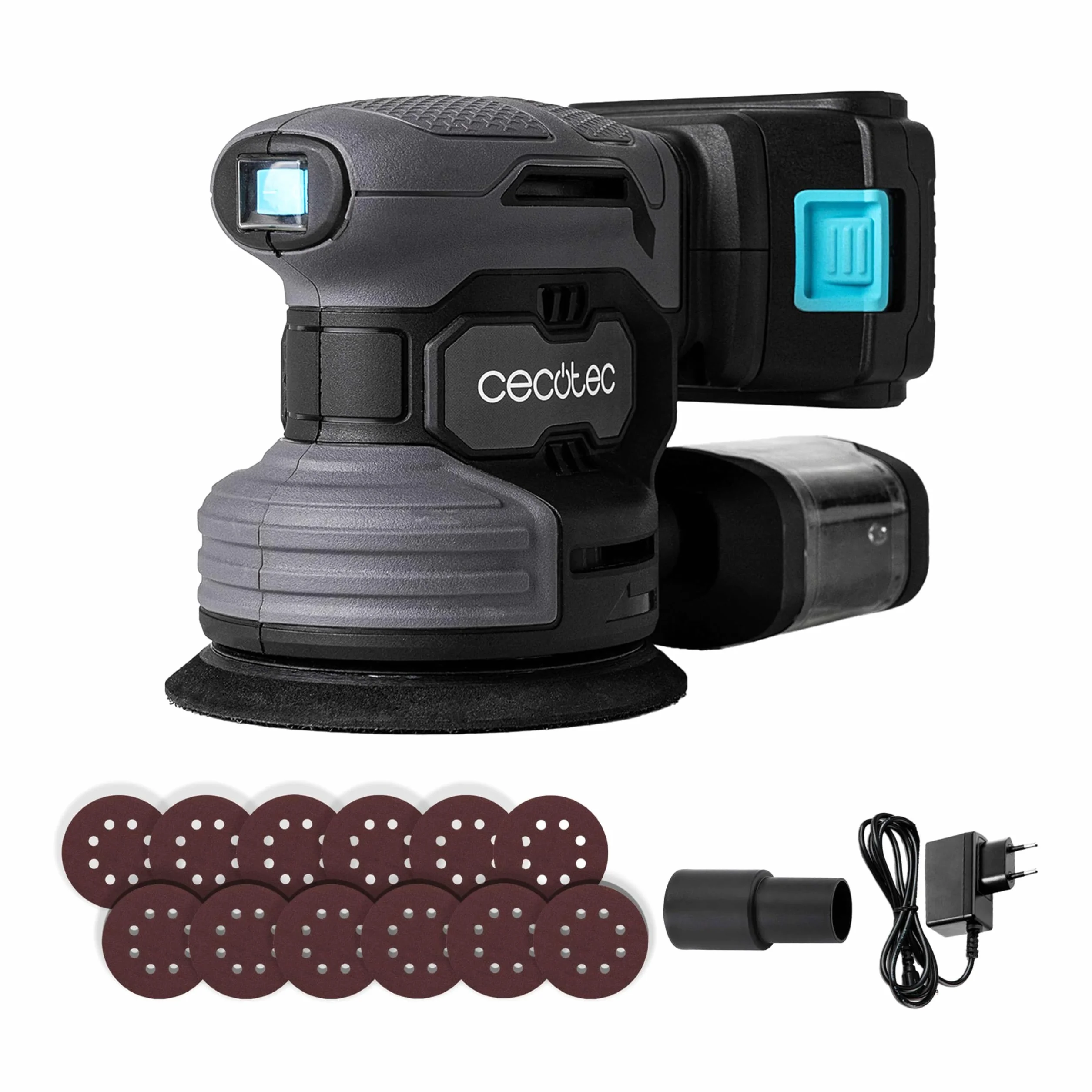 Cecotec Szlifierka rotorbitalna na baterię 21 V i 2000 mAh PerfectSurface 2120 Rotate. 13000rpm, 12 części zamiennych, zbiornik na kurz, podłączenie do odkurzacza, podwójny ruch mimośrodowy, 26000