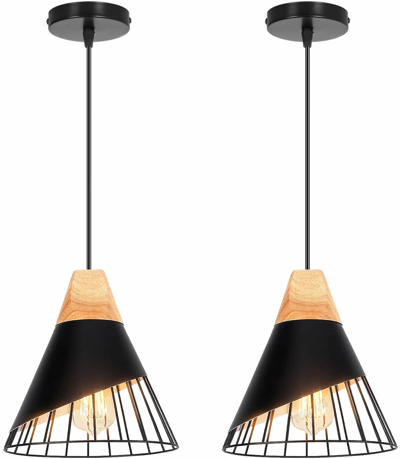 Lampa wisząca Nowoczesny przemysłowy drewniany żyrandol abażur Vintage Metal Kształt Klatka Ø25cm Lampa sufitowa E27 Projekt do kuchni, sypialni salonu (czarny -2 szt.)