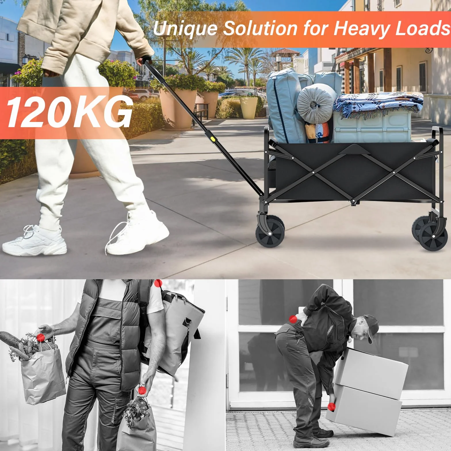 Składany wózek plażowy z uchwytem na kubek i regulowanym uchwytem, wózek ogrodowy do transportu w każdym terenie, składany wózek ręczny o udźwigu 120 kg, do zakupów na kempingu w plenerze