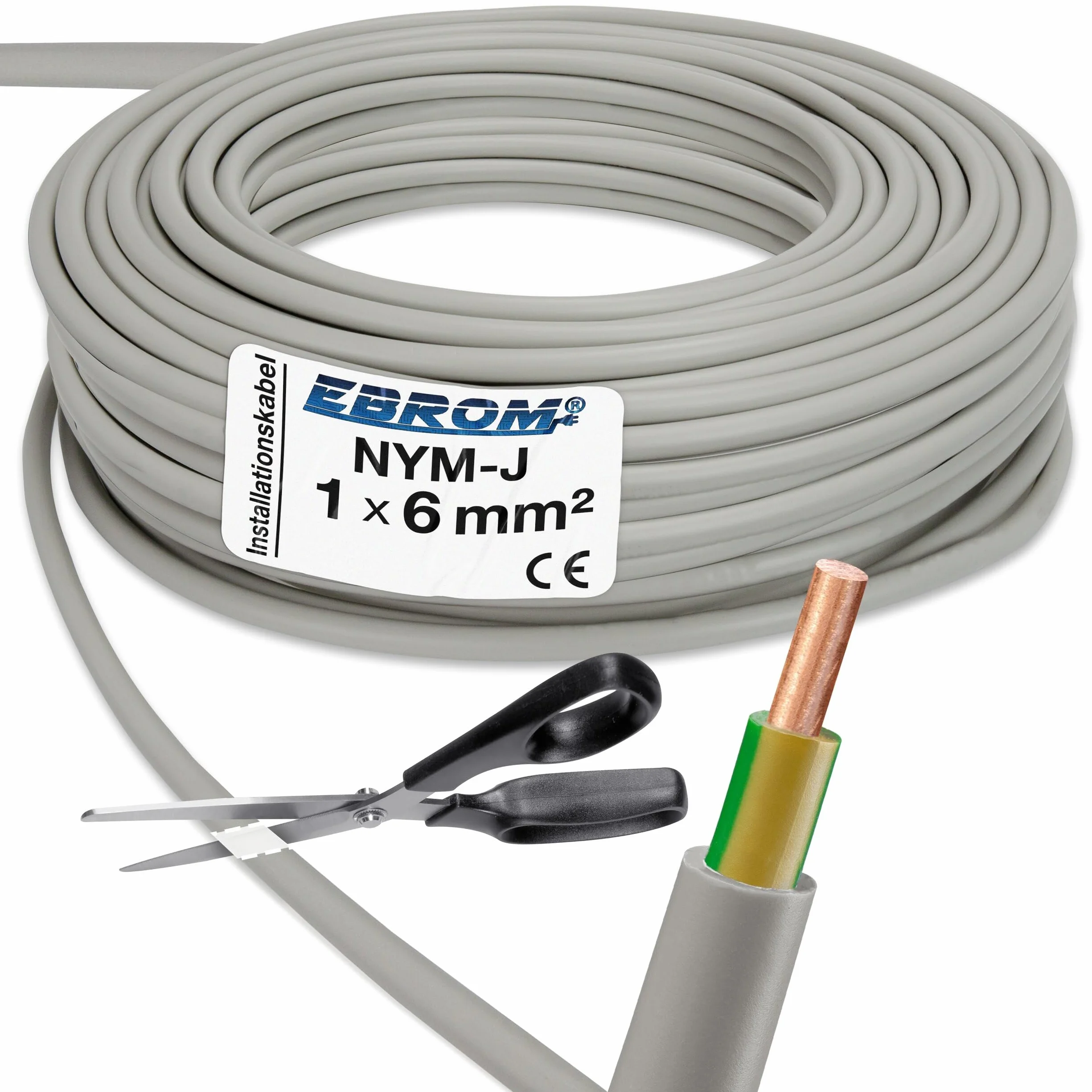 Przewód osłonowy kabel uziemiający szary NYM-J 1 x 6 mm² (mm2) towar sprzedawany na metry z dokładnością co 1 metra - przykład: 20 m - 25 m - 35 m - 50 m itd.