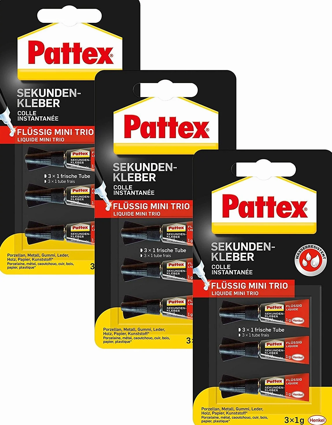 Pattex Klej błyskawiczny w płynie Mini Trio / bez rozpuszczalników klej w płynie / szybkoschnący, wodoodporny i przezroczysty / 3 x 1 g (9 tubek, 3 x 1 g)