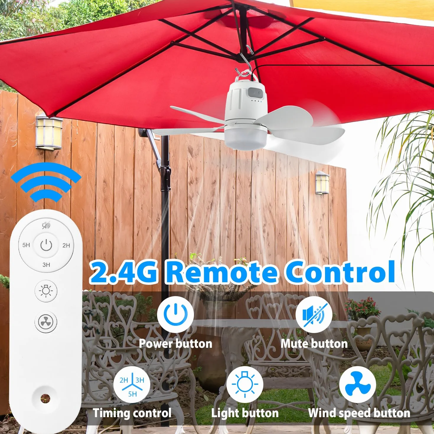 Gliztech Wentylator lampy 50 cm, wentylator sufitowy z oświetleniem, wtyczka sieciowa 5 m i pilot zdalnego sterowania, nadaje się do sypialni, na taras, parasol przeciwsłoneczny, pomieszczenie