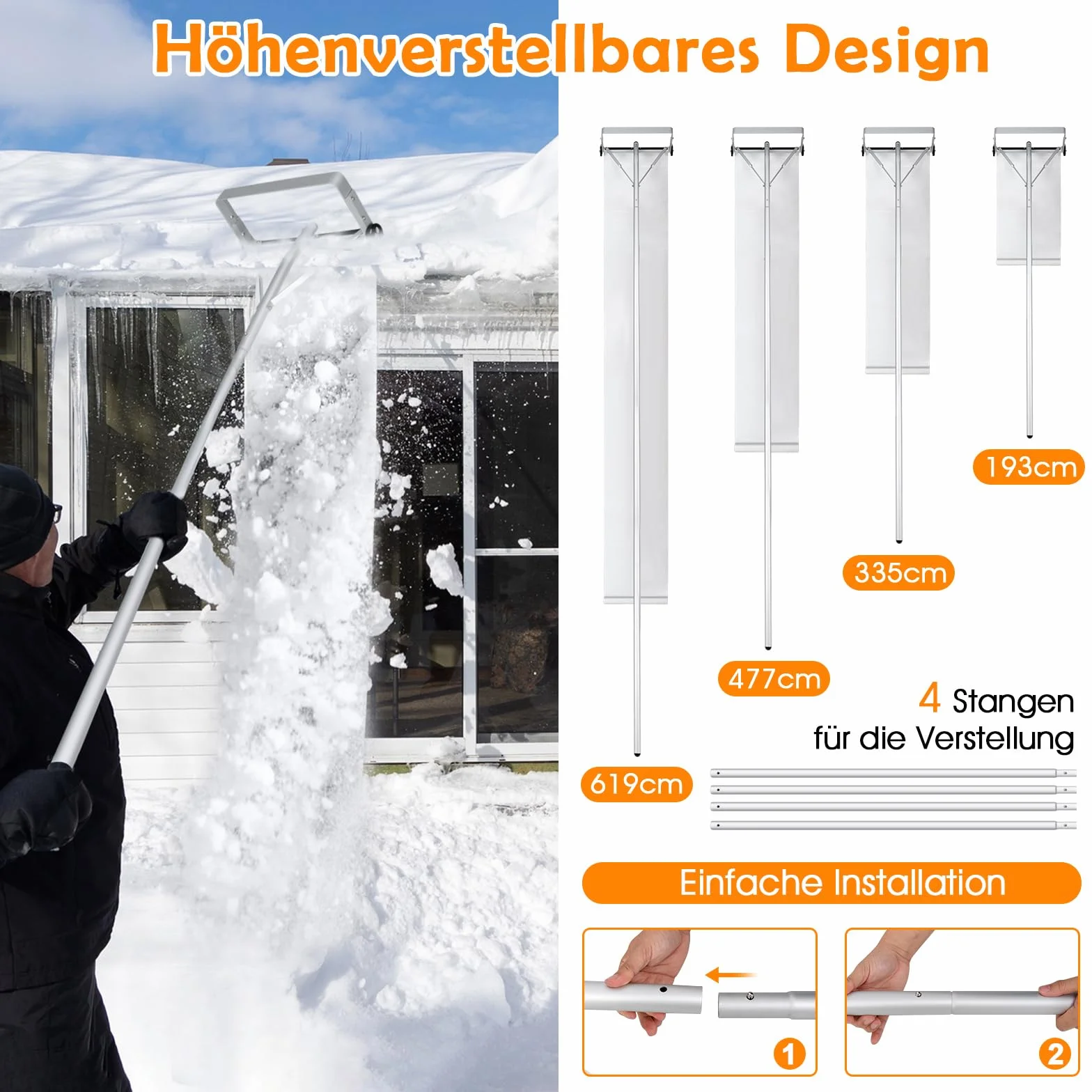 COSTWAY Odśnieżarka dachowa aluminiowa z kółkami, zakres regulacji 193-619 cm