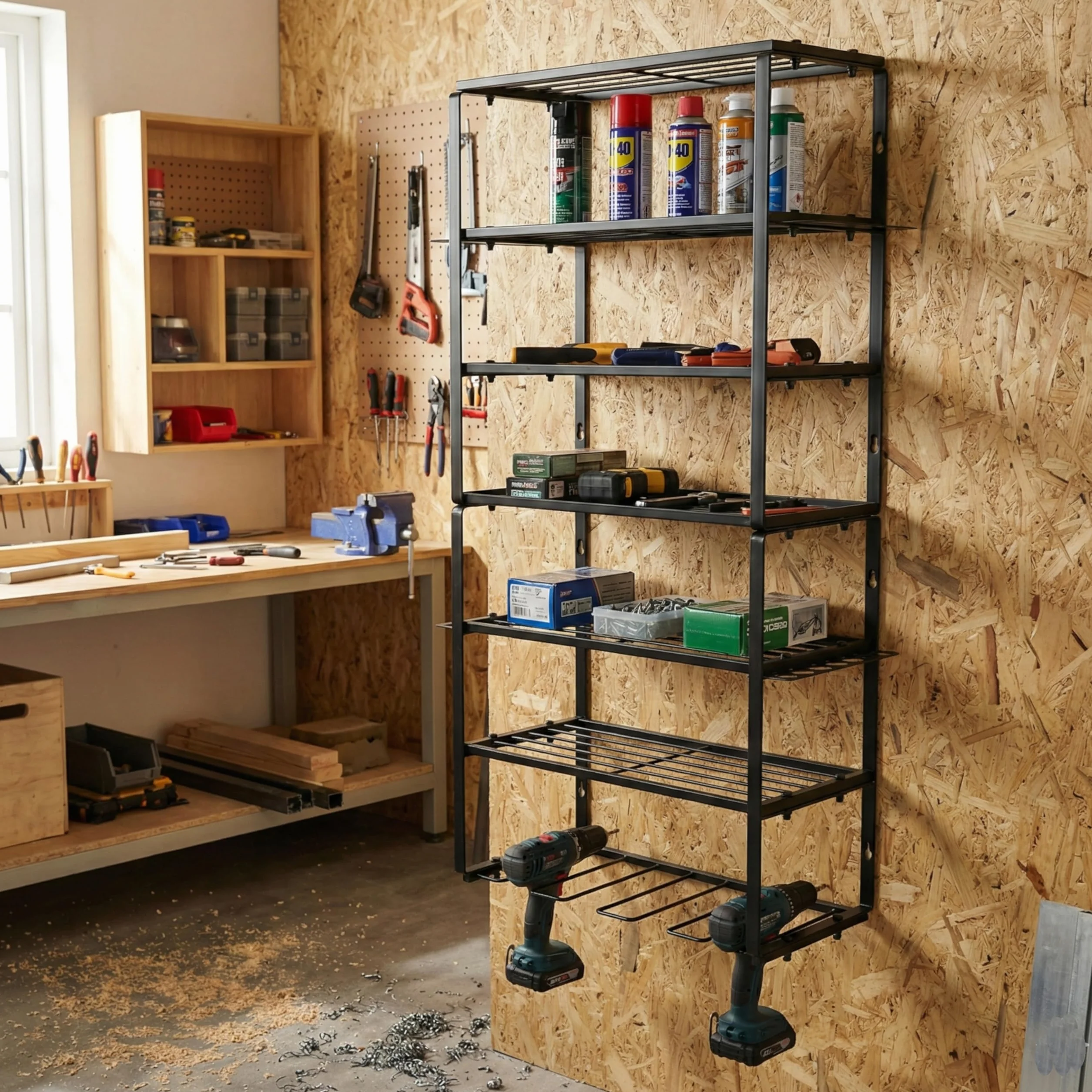 botle Metalowy regał ścienny na narzędzia elektryczne i narzędzia, organizer warsztatowy 86 x 43 cm, 6 półek, regał warsztatowy na wiertarki, młotki, wytrzymała organizacja warsztatu