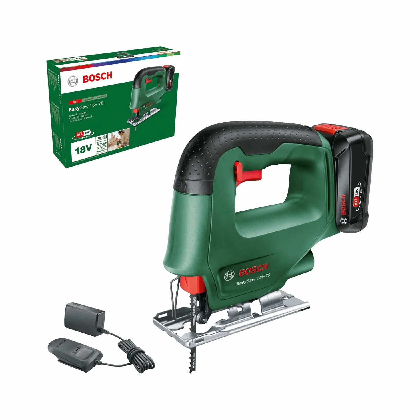 Bosch EasySaw akumulatorowa wyrzynarka 18V-70 (akumulator 2,0 Ah, system 18 V, z 1 brzeszczotem do wyrzynarki, ładowarka AL 18 V-20, w kartonie)