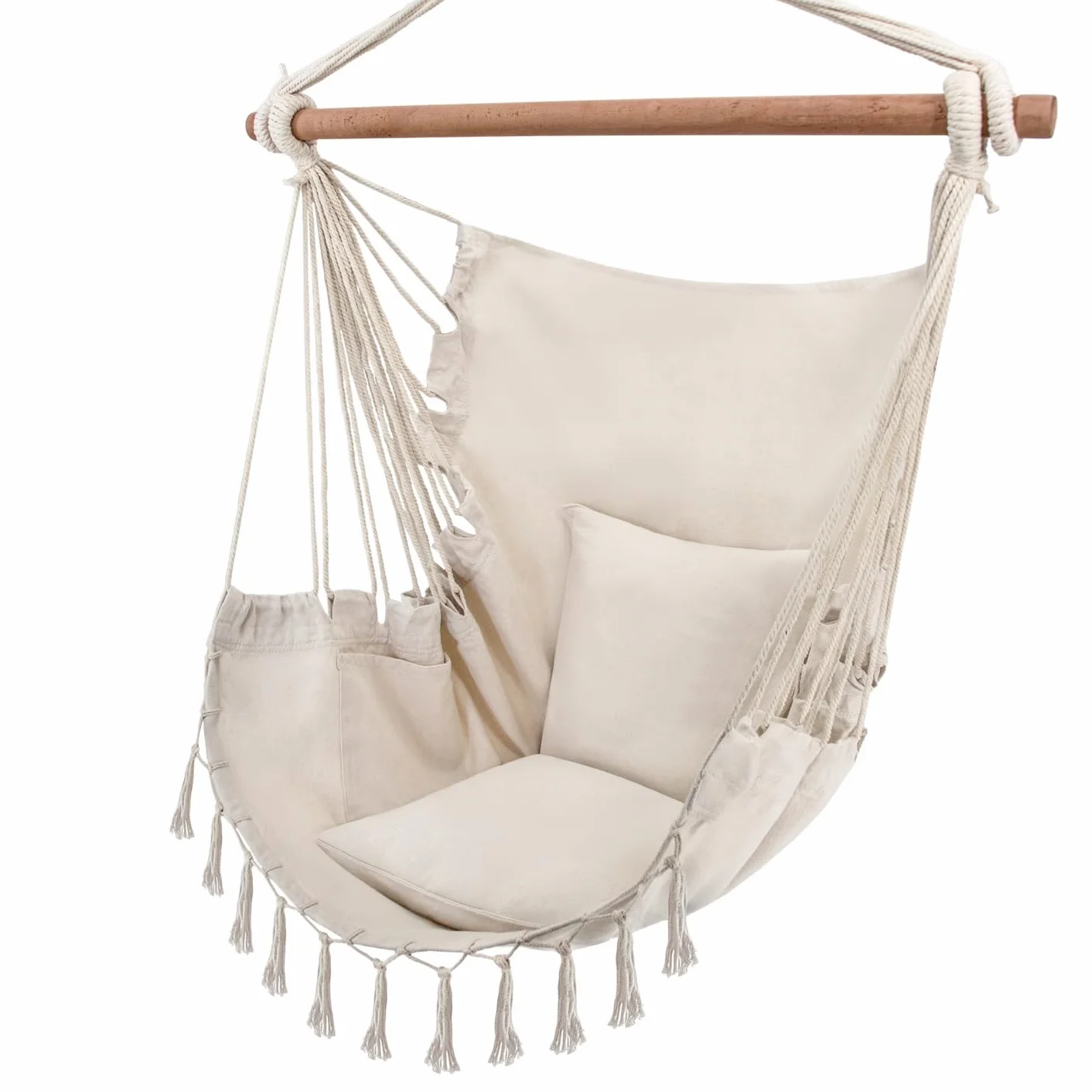 BOHO Podwieszany Fotel Brazylijski Hamak Huśtawka z Frędzlami Drewniany Drążek 85cm Udźwig 130kg Bawełna Kremowy 100x130cm