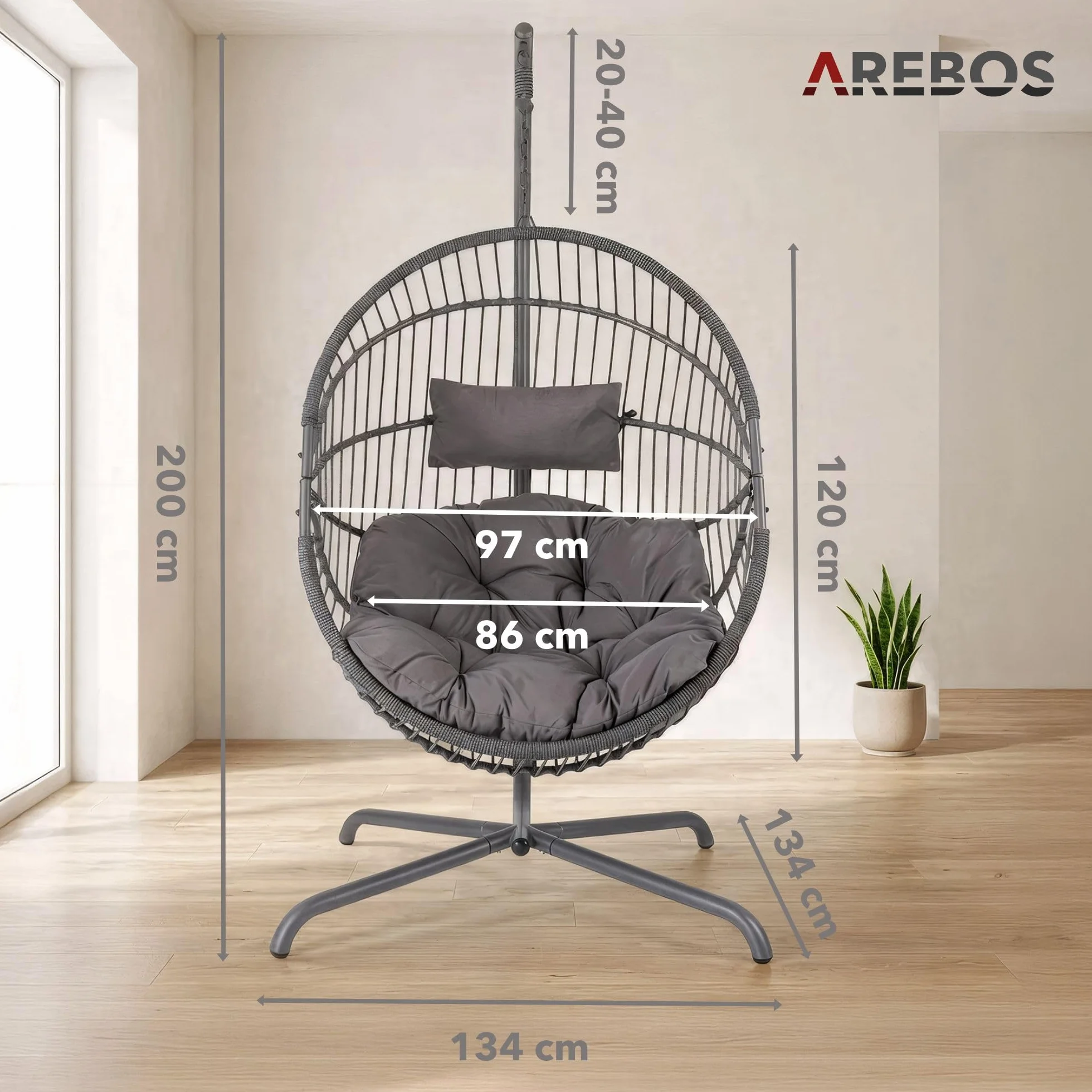 Arebos Fotel Wiszący Wolnostojący Stalowy Stelaż Regulacja Wysokości 160–180 cm do 130 kg z Poduszką