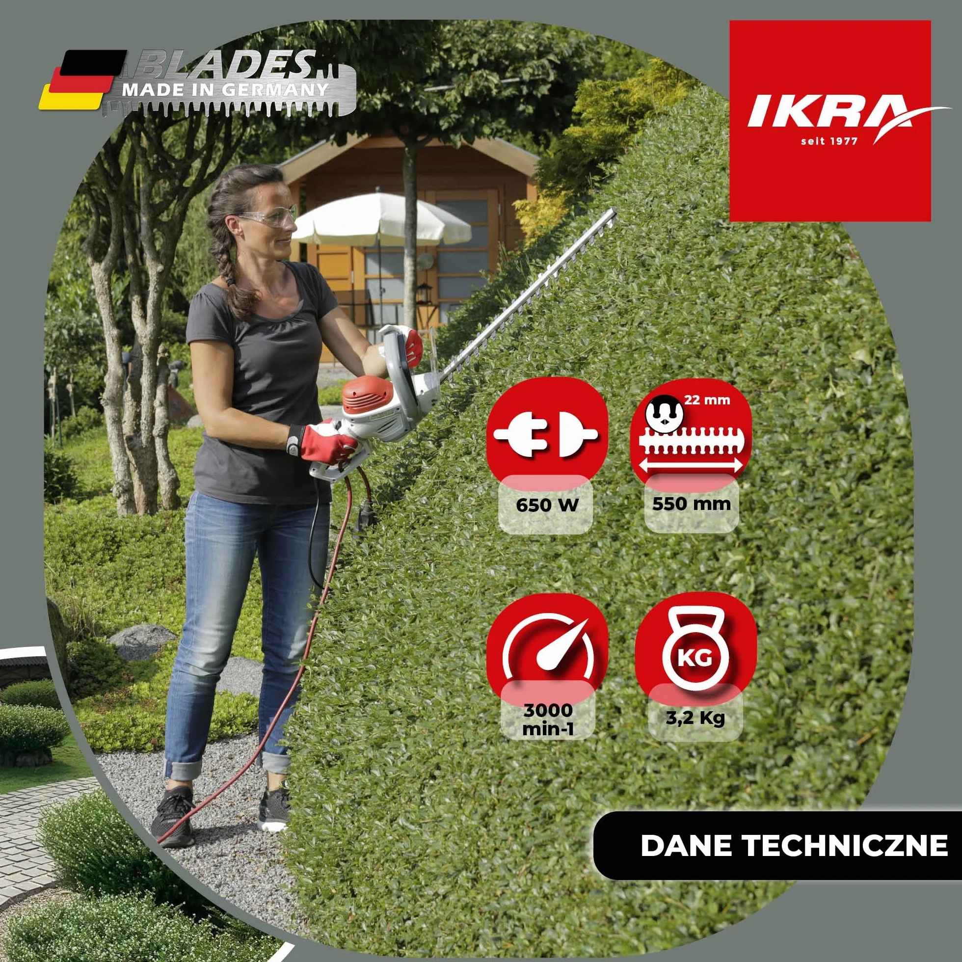 IKRA nożyce do żywopłotu elektryczne IHS 650 650W 55cm 22mm 180° uchwyt skrętny