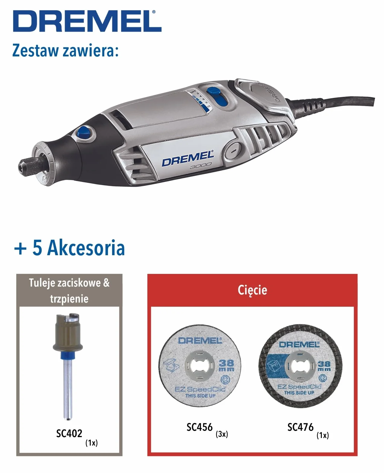 Dremel 3000 narzędzie obrotowe 130 W, zestaw narzędzi wielofunkcyjnych Amazon Exclusive z 5 akcesoriami, zmienna prędkość obrotowa 10.000-33.000 obr.