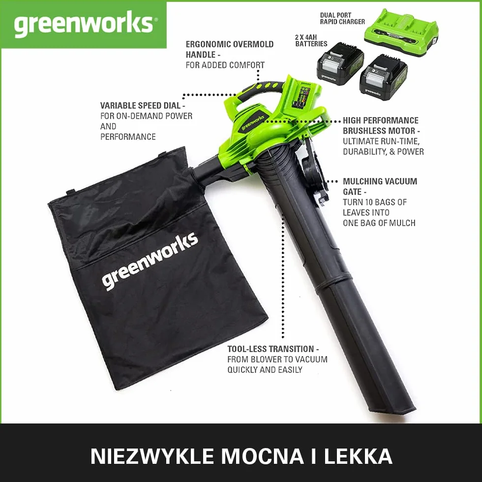Greenworks GD24X2BVK4X Akumulatorowa dmuchawa odkurzacz do liści, silnik bezszczotkowy, 322 km/h, 9 m³/min, worek 45 L, 2×24 V (odpowiednik 48V)
