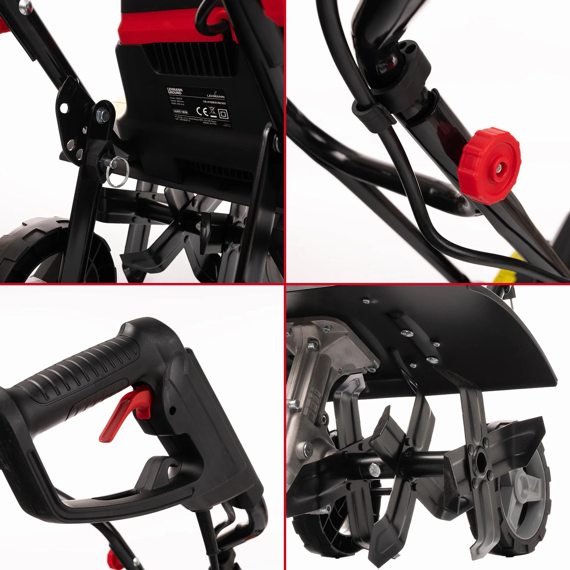 LEHMANN Elektryczna glebogryzarka, 1800 W, glebogryzarka o szerokości roboczej 45 cm i głębokości roboczej 22 cm, 24 noże, składany uchwyt, frezarka ogrodowa z kołami transportowymi do kopania i