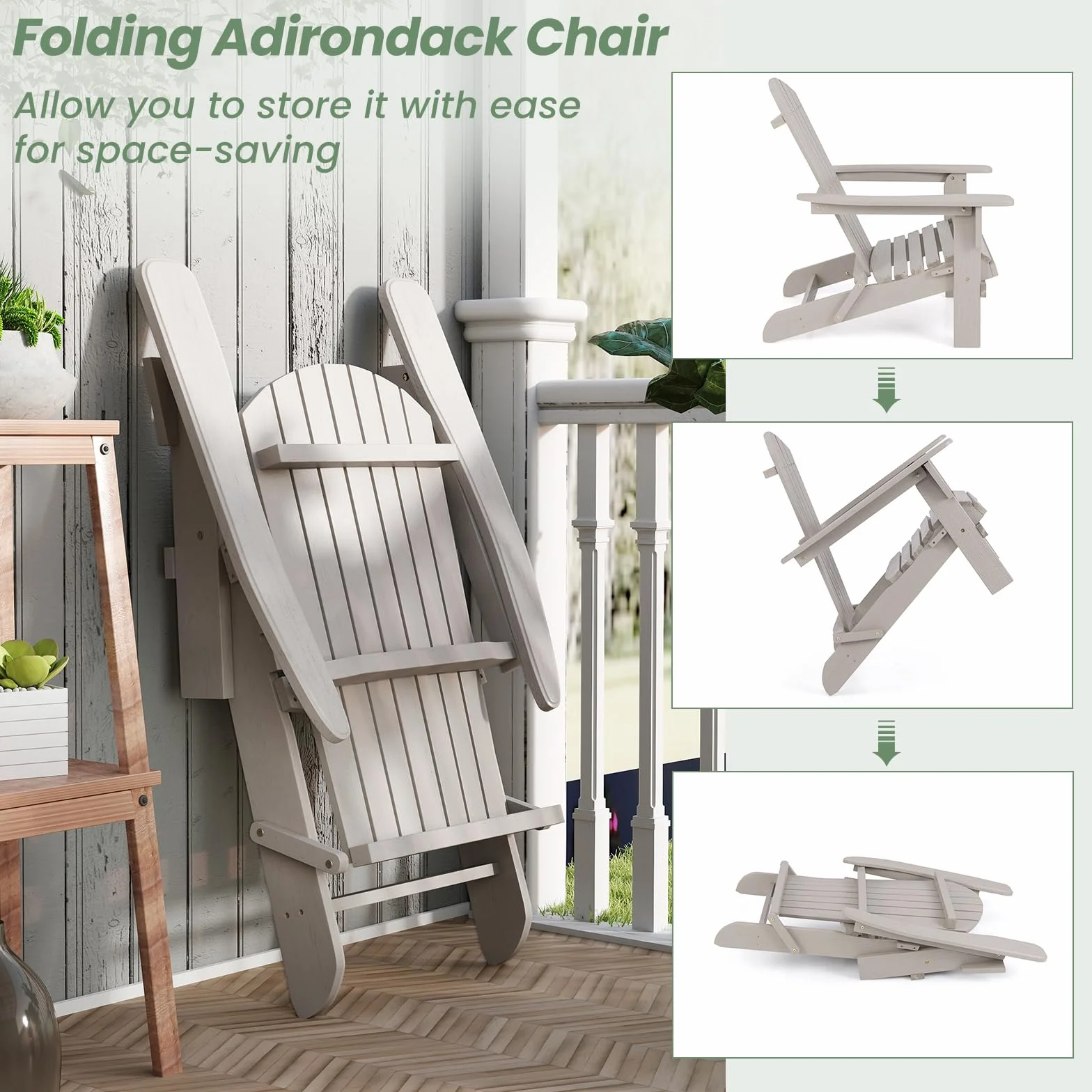 GIANTEX Adirondack składane krzesła 1/2, leżak zewnętrzny o konstrukcji z drewna świerkowego, wysokie oparcie i podłokietniki, obciążenie do 180 kg, krzesła na patio, do ogrodu (2, szare)