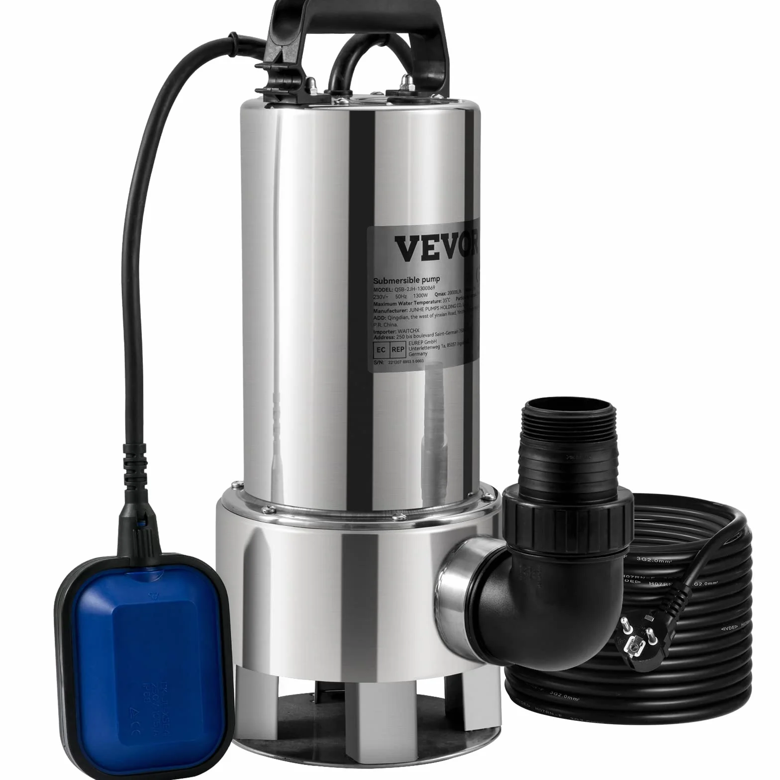 VEVOR Pompa do podnoszenia wody naładowanej 1300 W, pompa odprowadzająca wodę naładowaną, 333,3 l/min, pompa zanurzeniowa, do basenu, piwnicy, szamba z adapterem odprowadzającym do pompowania brudnej