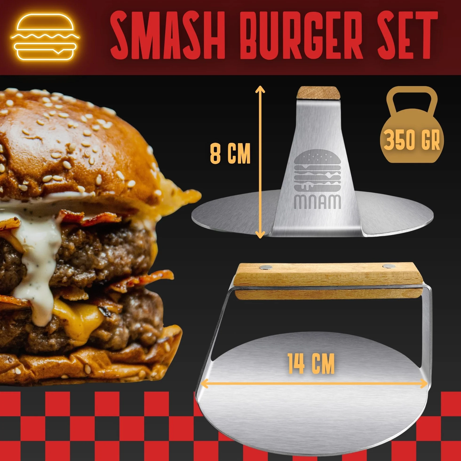 Prasa do hamburgerów Smash - stal nierdzewna, zestaw Smash Burger z łopatką, forma do hamburgerów do domu, idealny do grillowania i żelazka - profesjonalny Smasher drewniany uchwyt