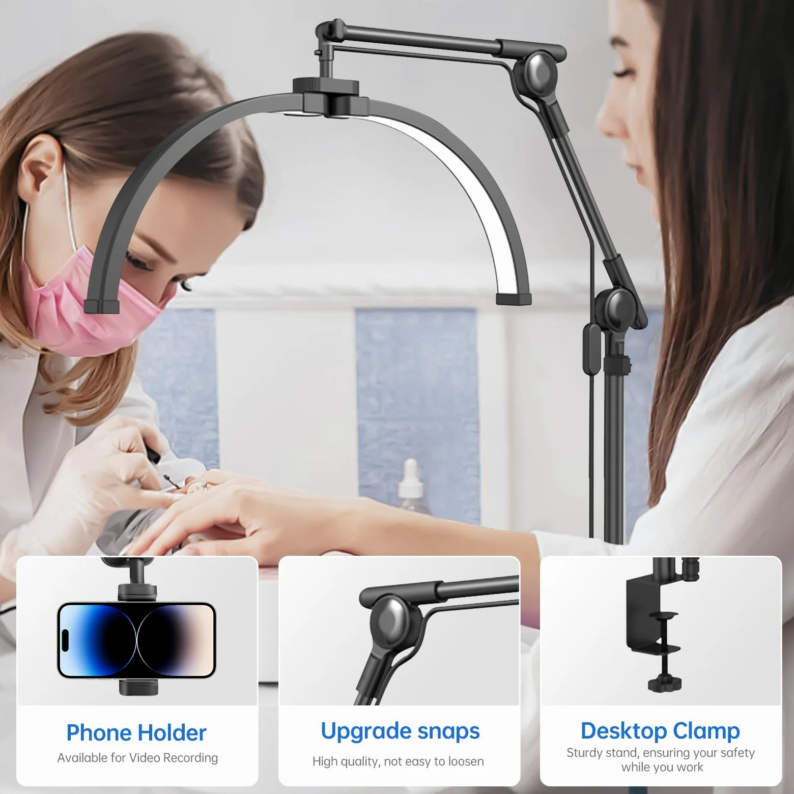 Lampa LED do rzęs, 50 cm, półksiężyc ze stojakiem na telefon, 3000-6500 K, światło do przedłużania rzęs, piękno światła do makijażu, paznokci, twarzy i tatuażu