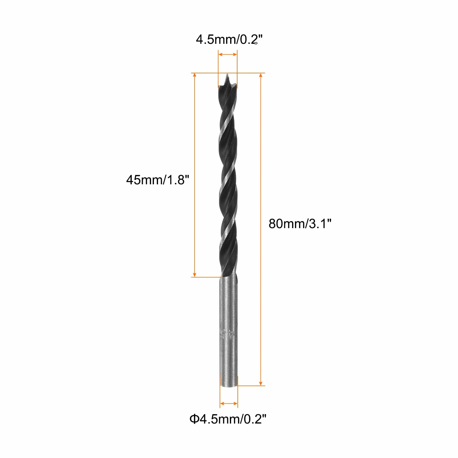 QUARKZMAN 5 szt. wierteł do brad-punktów, 4,5 mm (11/64") średnica prosta stal okrągła wiertło metryczne Brad Point 1,8" głębokość wiertła spiralne do drewna stolarskiego tworzywa sztucznego guma