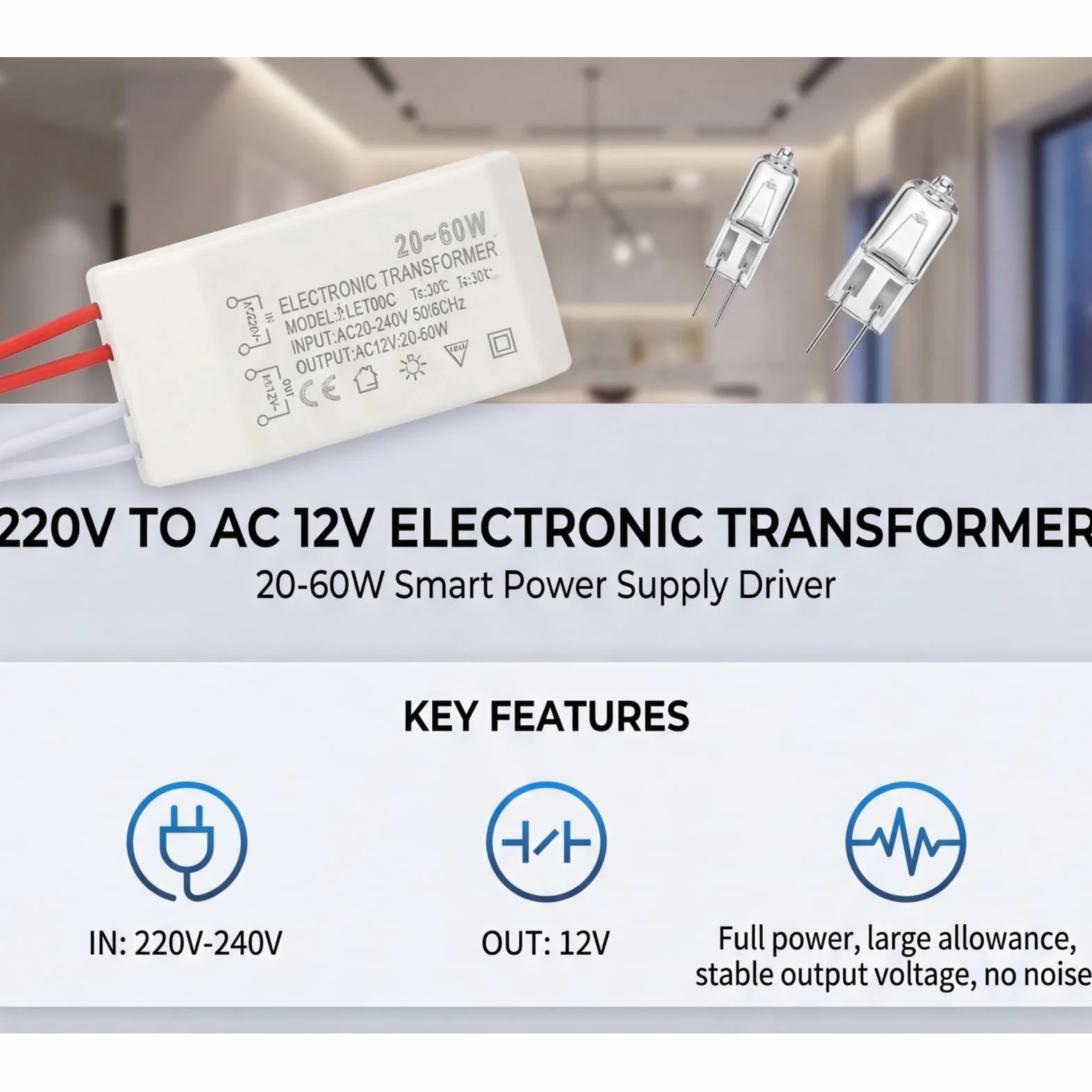 Jeffergarden Przetwornica Napięcia AC 220V na 12V, Transformator Elektroniczny 20-60W, do Lamp Halogenowych G4