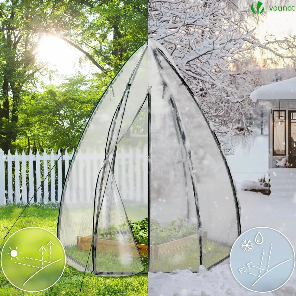 VOUNOT Szklarnia Ogrodowa PE Zimowa, Kopuła na Warzywa i Kwiaty, Tipi ze Wzmocnioną Plandeką 135g/m2 na Pomidory, Balkon i Taras, Mała 160 x 160 x 180