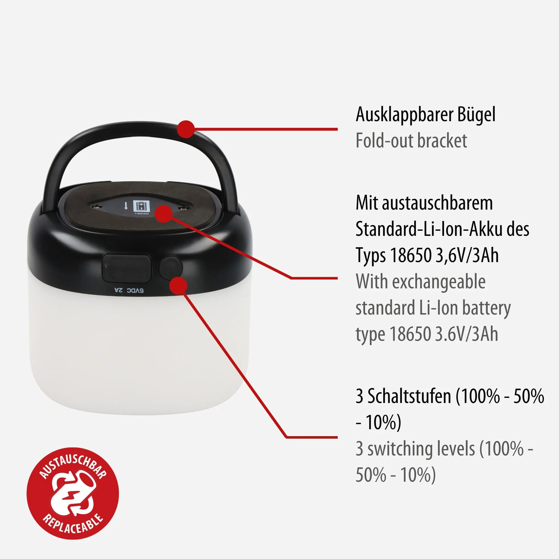 Brennenstuhl ładowalna solarna lampa zewnętrzna LED GL 400 AS (lampa kempingowa IP44 o mocy 400 lm, czas świecenia do 45h, 3 poziomy przełączania, wymienny akumulator 18650, powerbank, kabel USB C)
