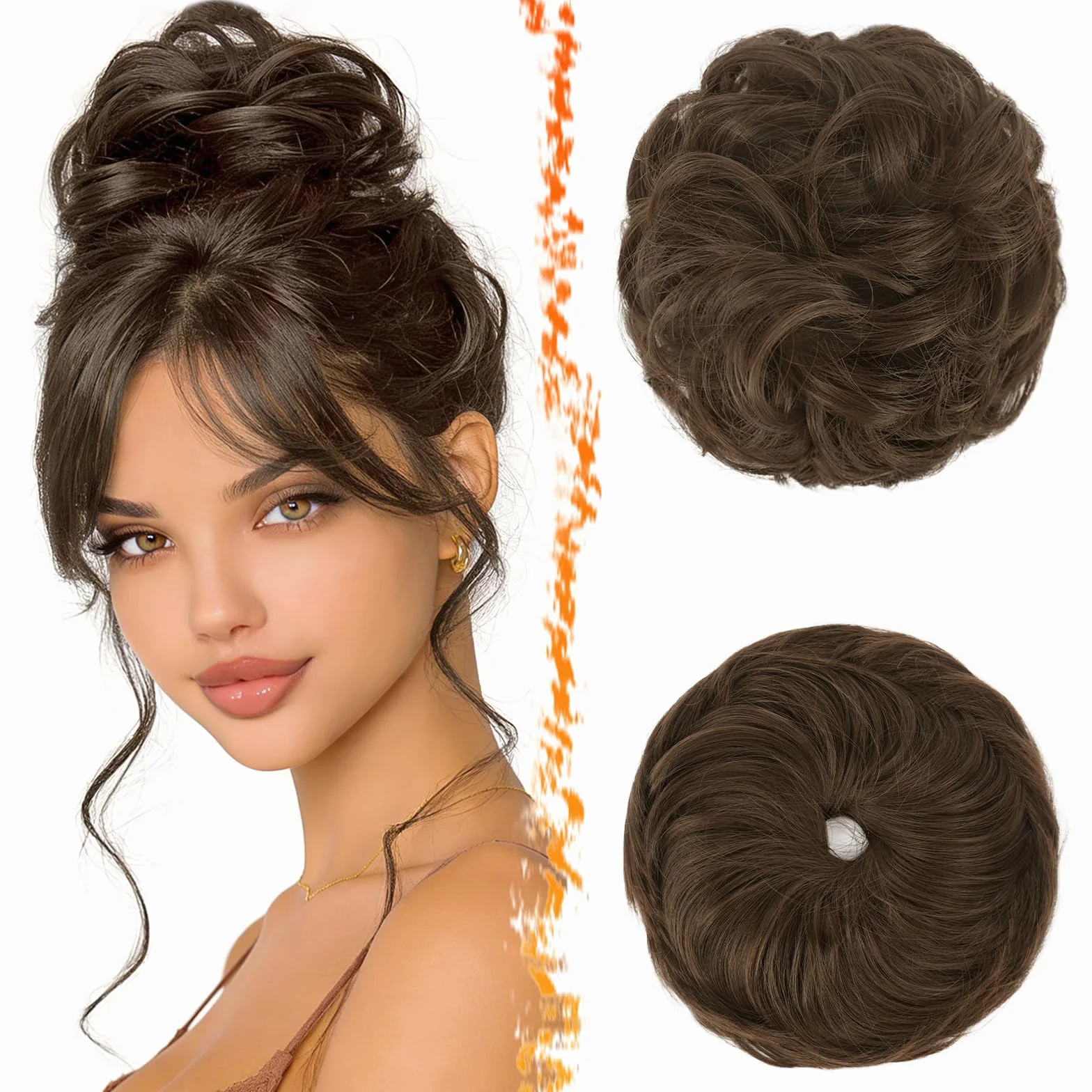 BARSDAR 2 sztuki treski Messy Bun z gumową taśmą, przedłużenie włosów dla kobiet, syntetyczne włosy, wysoko upięte fryzury, grube włosy, przedłużanie włosów, średni kasztanowy brąz, 2 sztuki