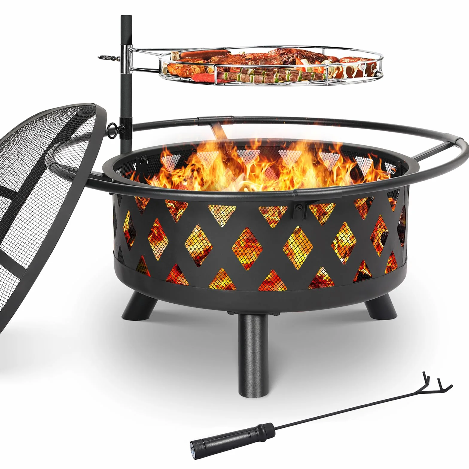TLSUNNY Palenisko do grillowania Ø 76 cm z rusztem obrotowym, ochrona przed iskrami, kosz z pogrzebaczem, ogrodowe