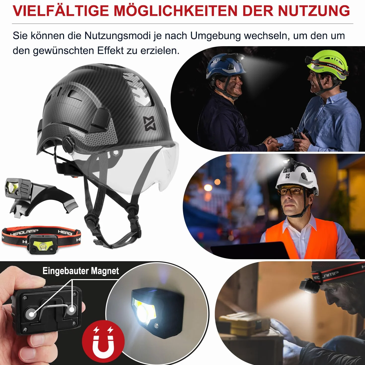 HEARMOR kask ochronny LED ABS budowlany kask dla dorosłych, certyfikat EN397 i EN12492, amortyzacja uderzeń, odporność na penetrację