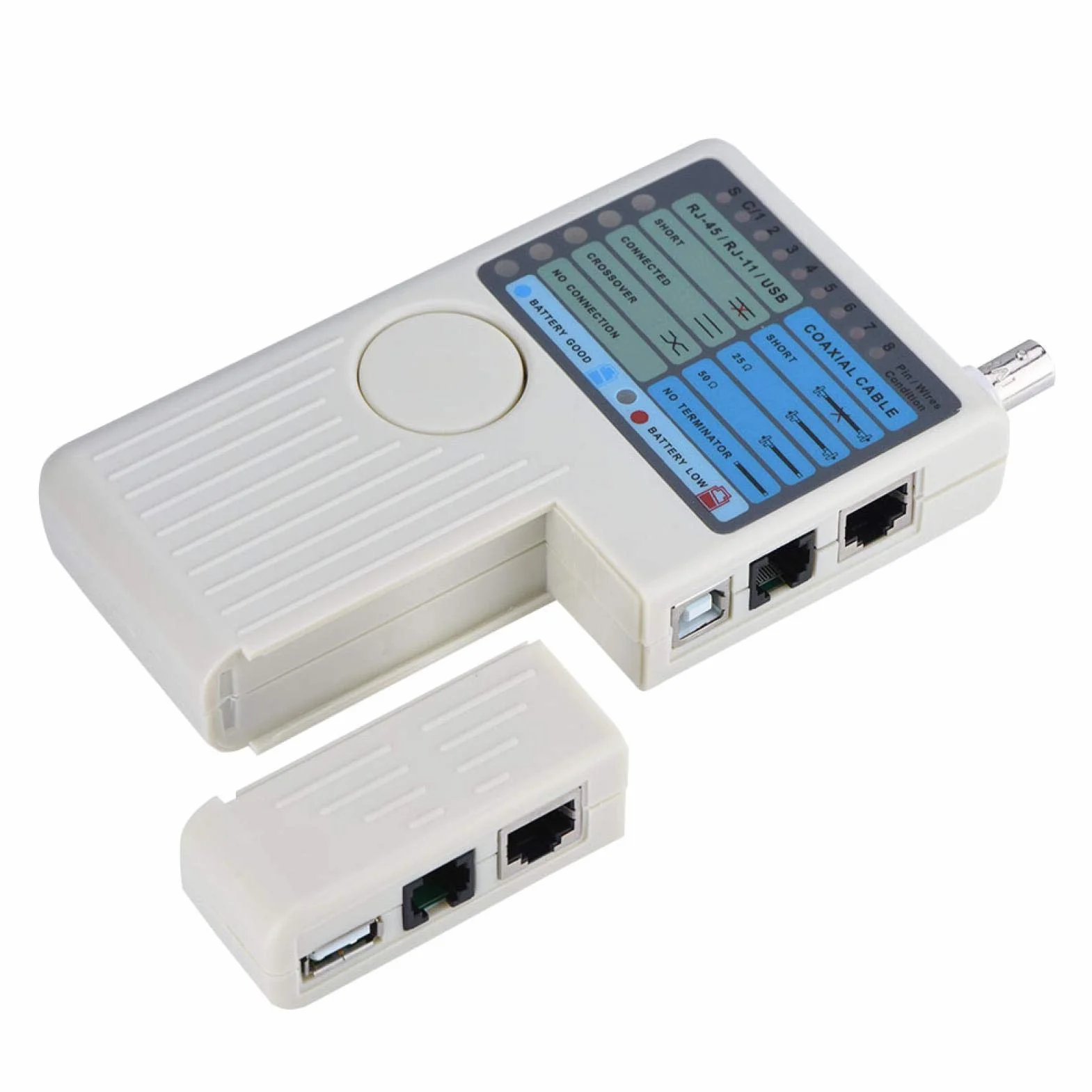 Optimal Shop Tester Kabli Sieciowych 4 w 1 Kabel LAN RJ45/RJ11/USB/BNC Tester Przewodów Cat5 Cat6, Narzędzie do Testowania Przewodów, Ergonomiczna, Przenośna Konstrukcja Podręczna