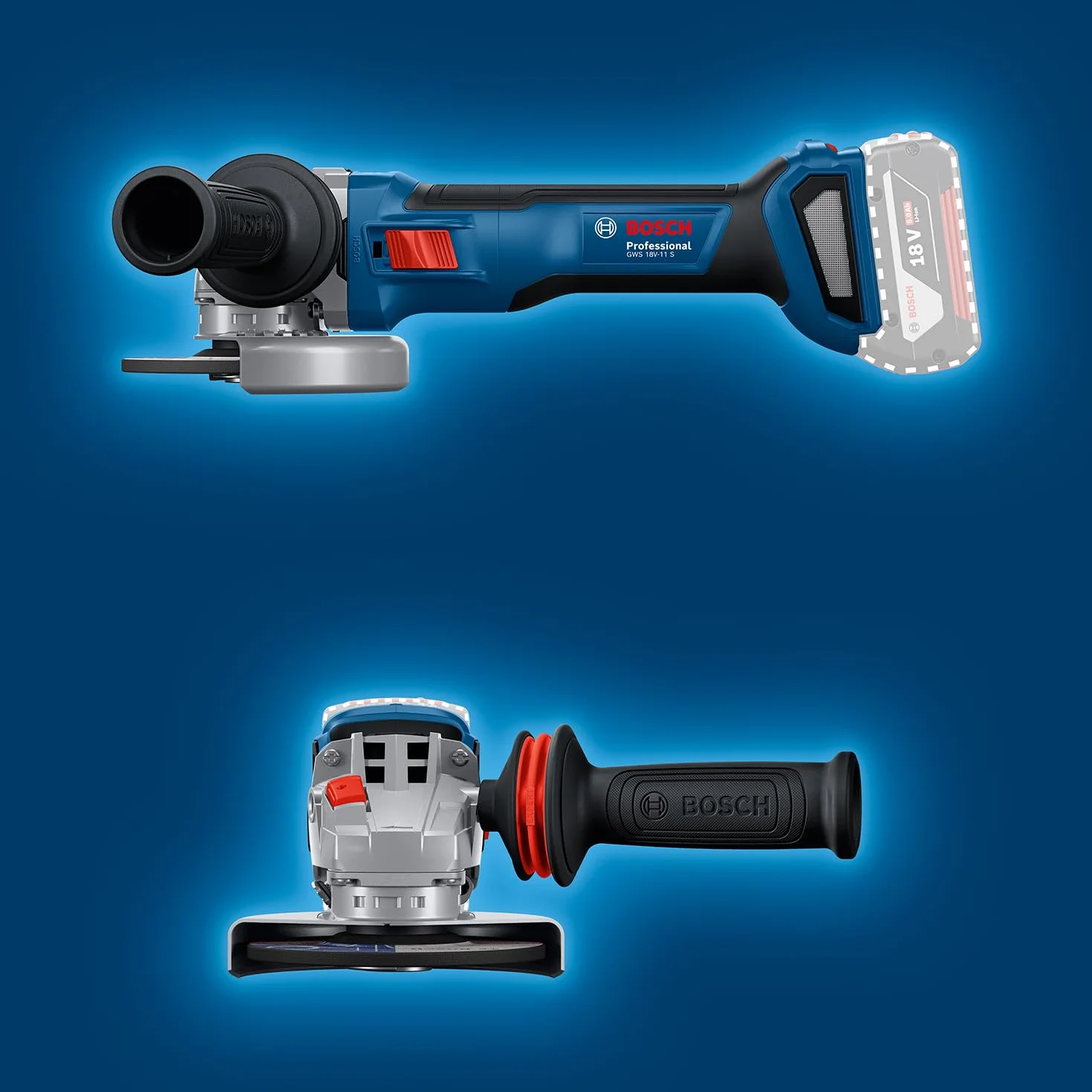 Bosch Professional 18 V firmy Bosch: akumulatorowa szlifierka kątowa GWS 18V-11 S (Ø tarczy 125 mm, 2x GBA 5.0Ah, ładowarka GAL 1880, walizka L-BOXX)