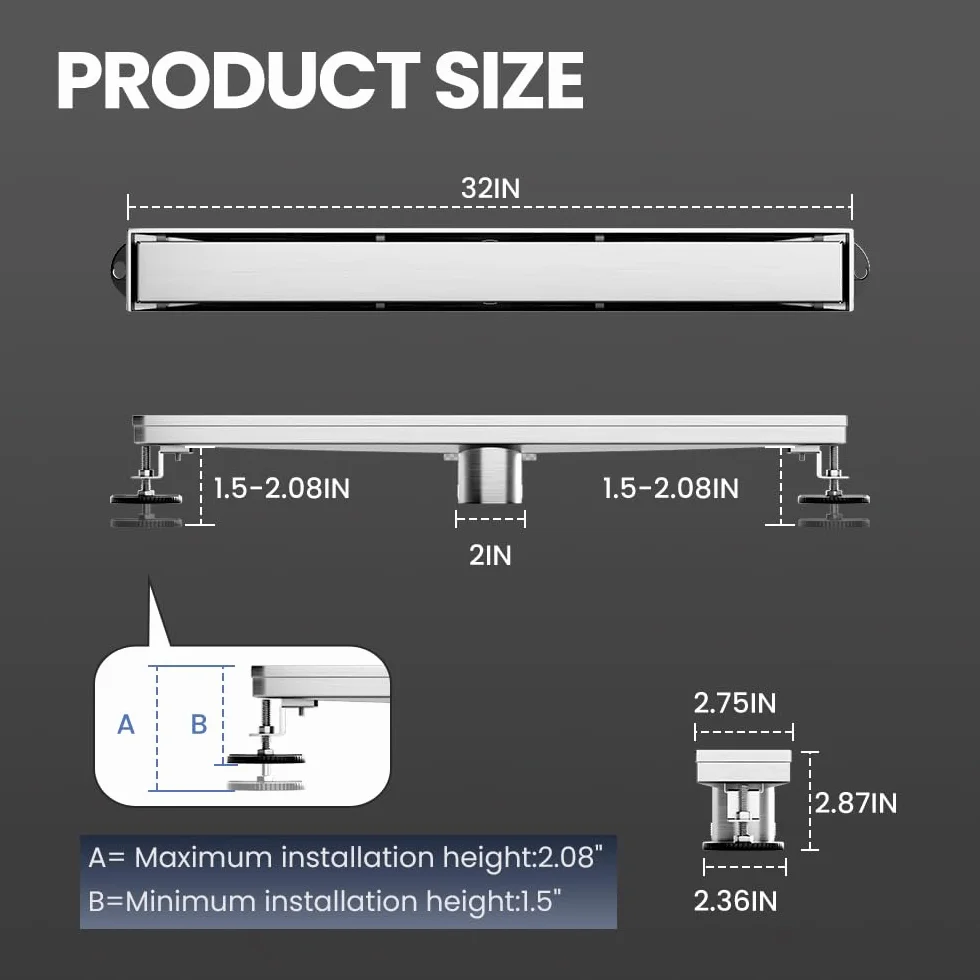 Liniowy odpływ prysznicowy 82 cm, szczotkowany odpływ prysznicowy ze stali nierdzewnej AISI 304 z panelem płytki 2 w 1, do łazienki, kuchni, garażu i nie tylko