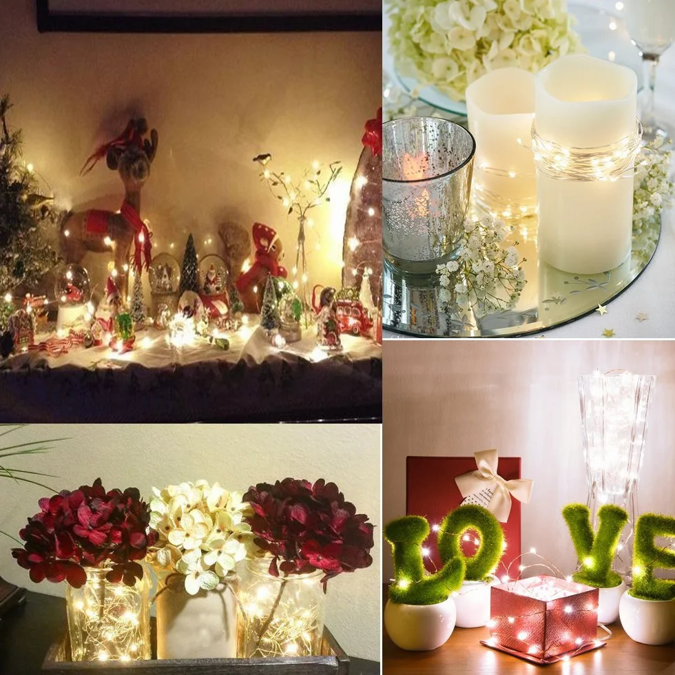 BXROIU Łańcuch świetlny LED na baterie, srebrny drucik, 2 × 50 diod mikro LED, 8 trybów świecenia z pilotem i funkcją timera, dekoracyjne lampki do wnętrz i na zewnątrz (ciepła biel)