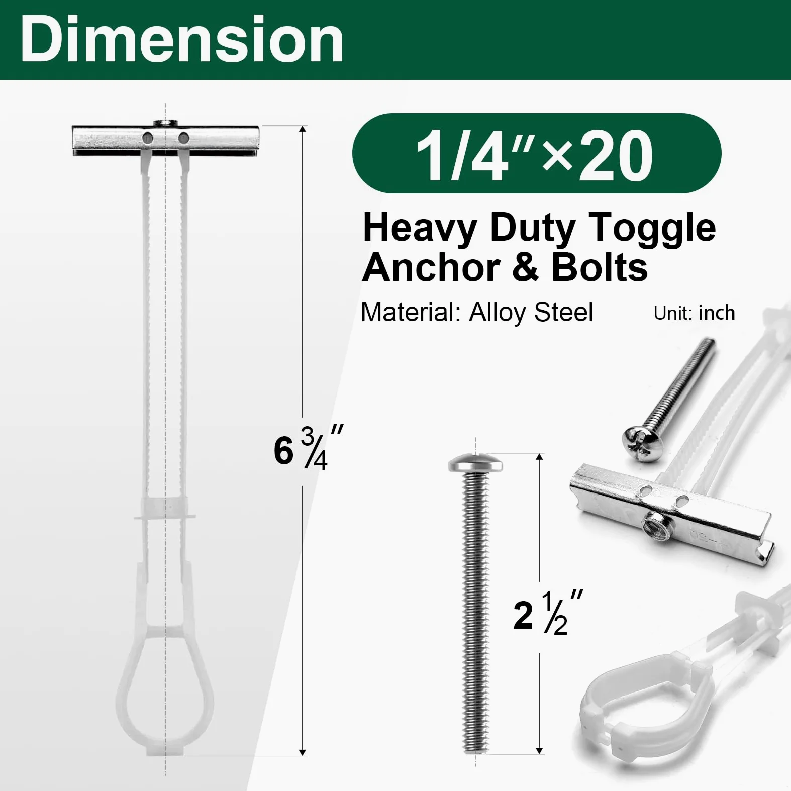 15 szt. śrub dźwigniowych 0,6 cm-20 do płyt kartonowo-gipsowych, kotwy z metalowym paskiem | Obciążenie do 117 kg, konstrukcja przełącznika sprężynowego
