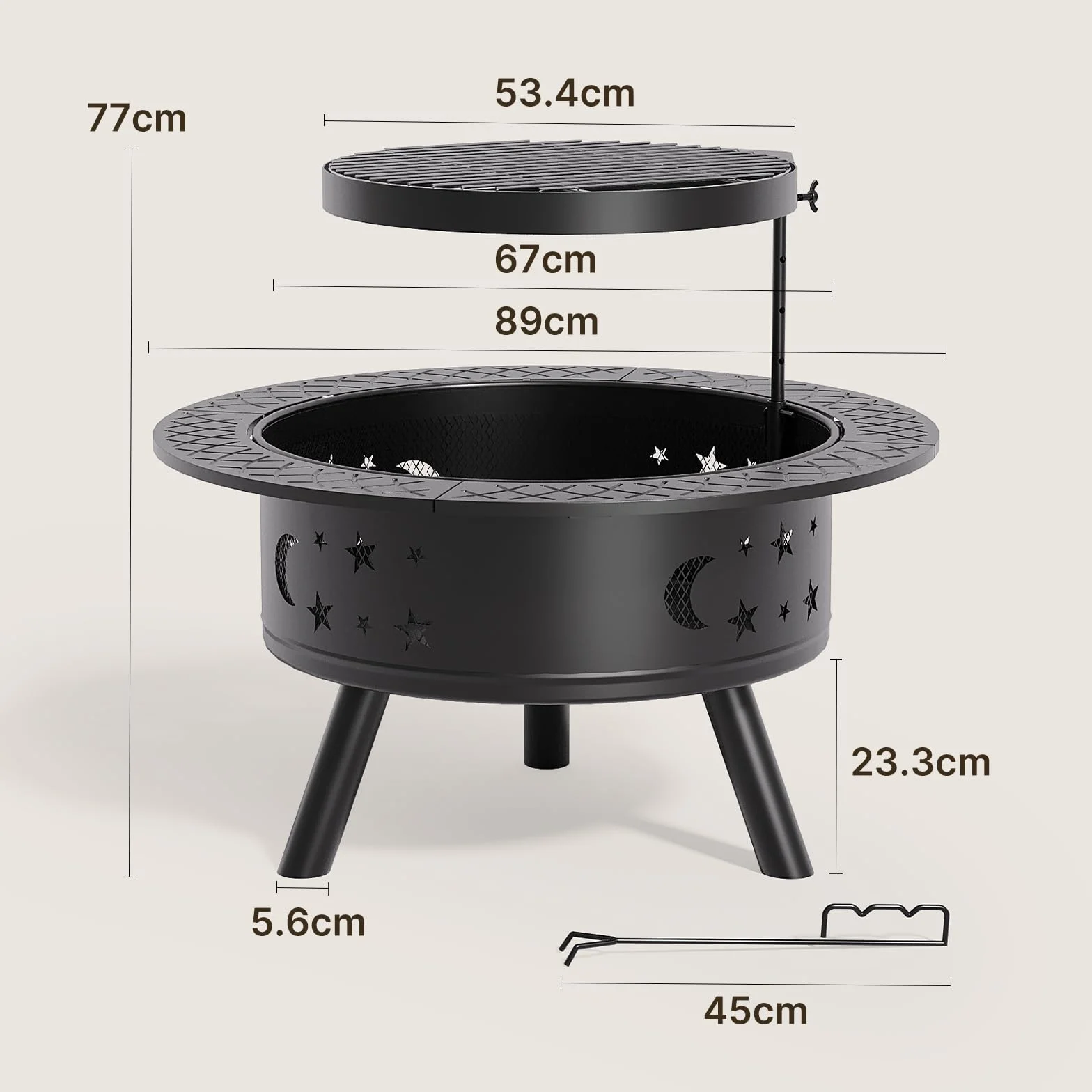 Xbro Palenisko z rusztem do grillowania i pogrzebaczem, Ø 91 cm, wielofunkcyjny kosz paleniskowy z pogrzebaczem do ogrodu, ogrzewania, tarasu, ogniska i na kemping, czarny