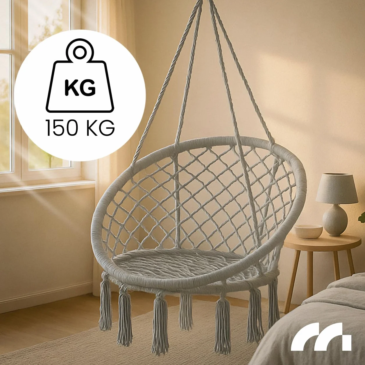 MalTec Fotel wiszący, huśtawka ogrodowa, gniazdo bociana, tkane siedzisko, jasnoszary, do zawieszenia, obciążenie do 150 kg, do użytku wewnątrz i na zewnątrz
