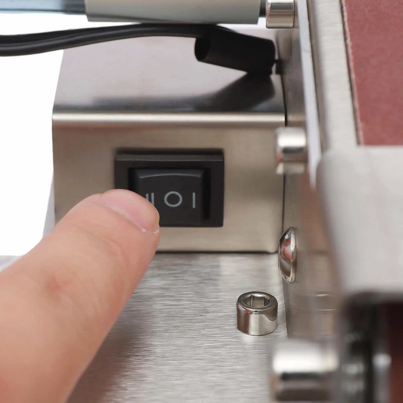 OUKANING Mini szlifierka taśmowa i szlifierka stołowa, 150 W, Mini Band Sander z 7 prędkościami (do 9000 obr./min), 20 x taśmy szlifierskie 30 x 330 mm, nóż szlifierka taśmowa do obróbki drewna/metalu